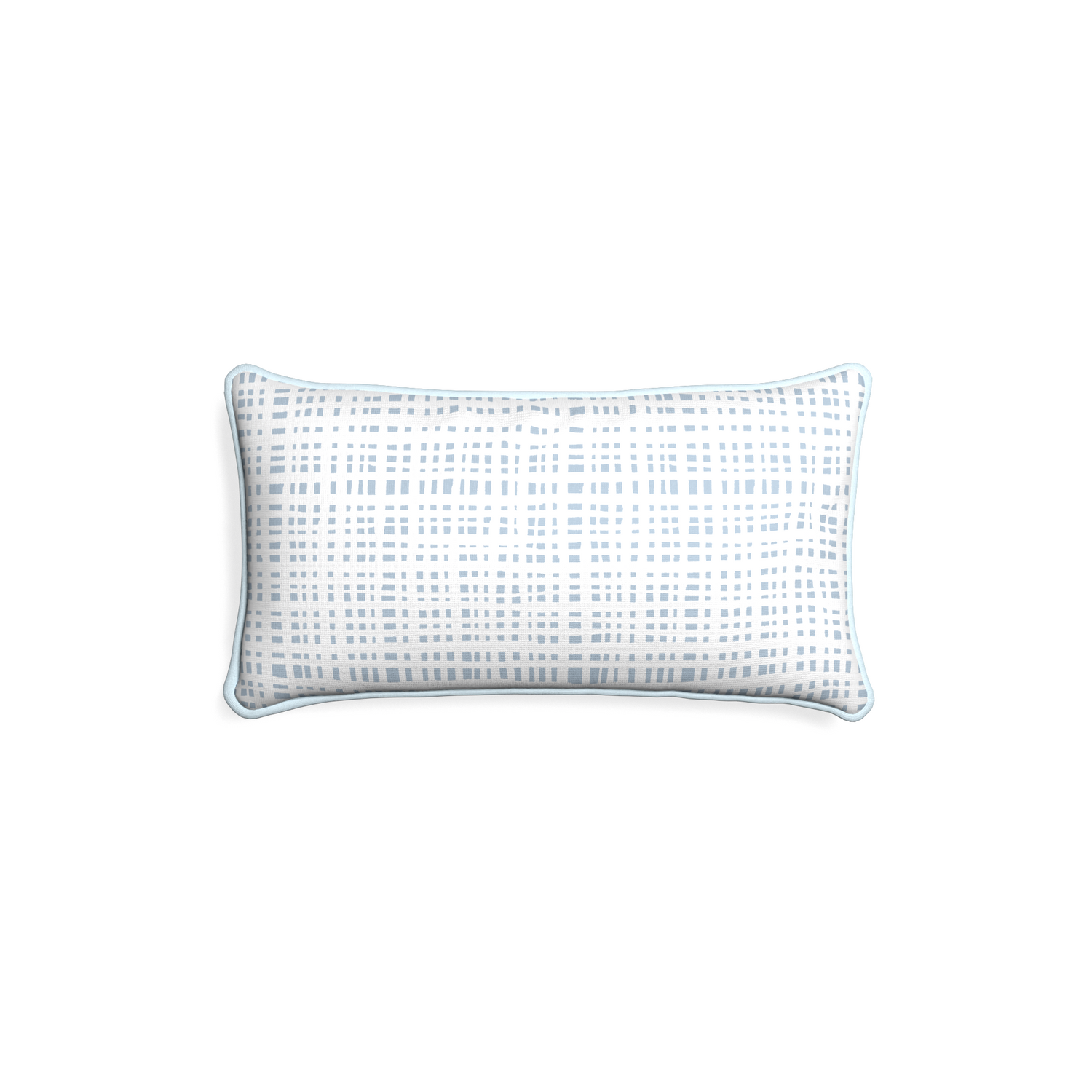 Petite-lumbar ginger sky custom plaid sky bluepillow with powder piping on white background