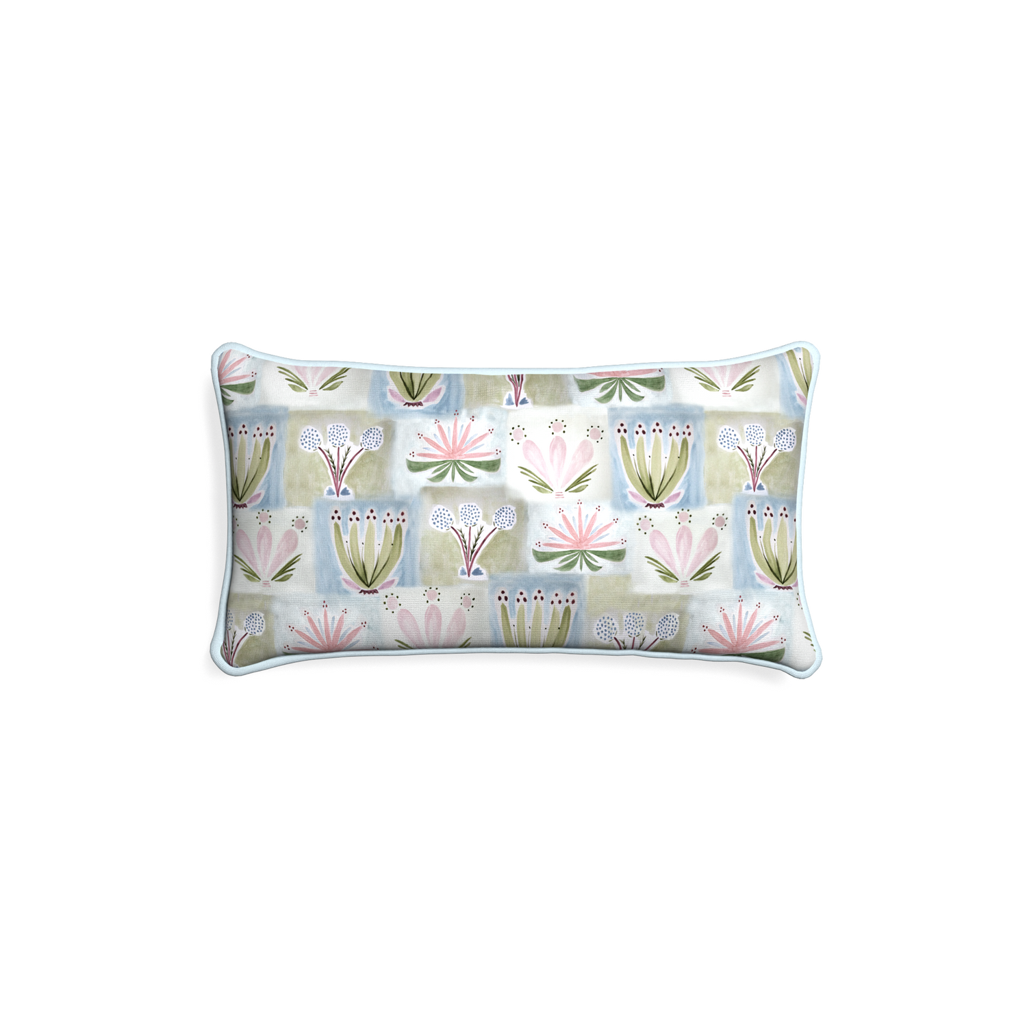 Petite-lumbar harper custom hand-painted floralpillow with powder piping on white background