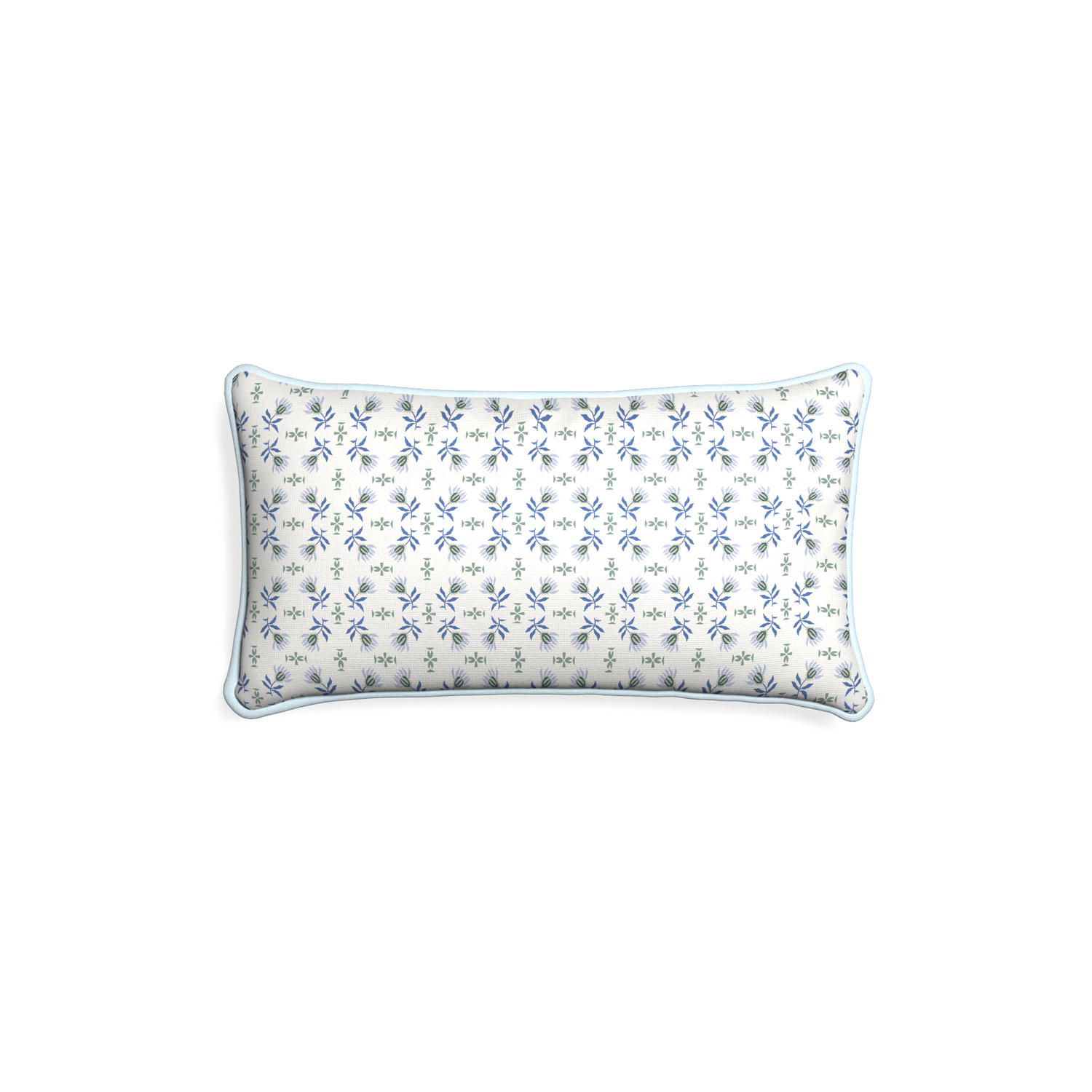 Petite-lumbar lee custom blue & green floralpillow with powder piping on white background