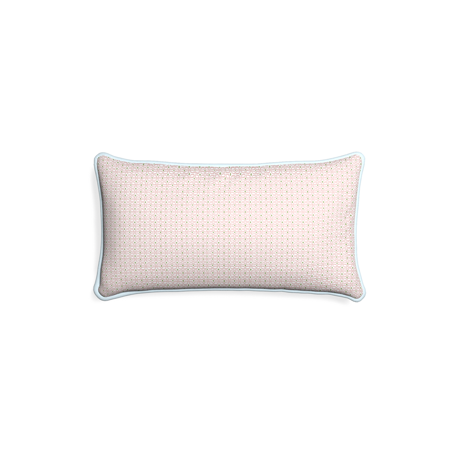 Petite-lumbar loomi pink custom pink geometricpillow with powder piping on white background