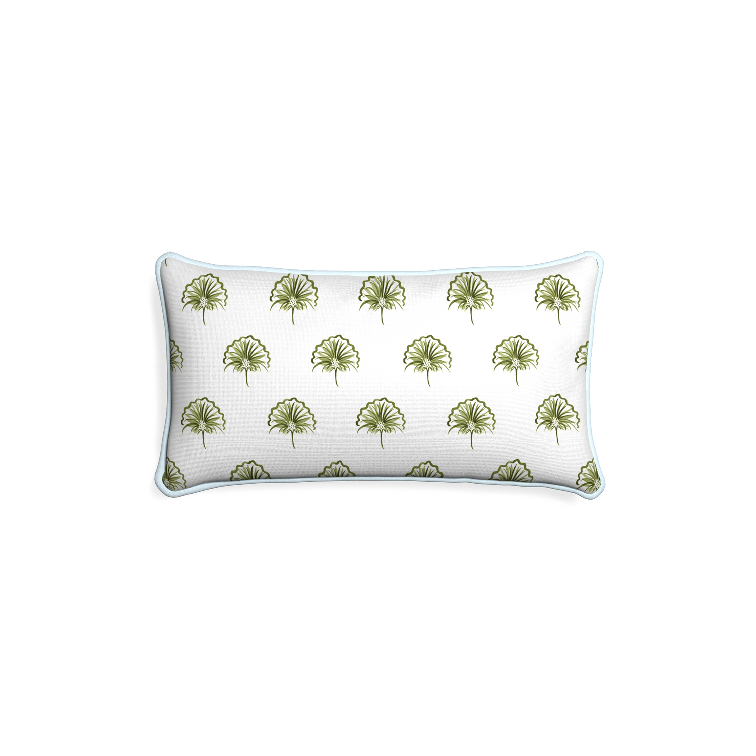 Petite-lumbar penelope moss custom green floralpillow with powder piping on white background
