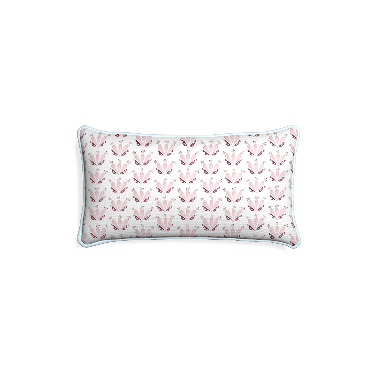 Petite-lumbar serena pink custom pink & burgundy drop repeat floralpillow with powder piping on white background