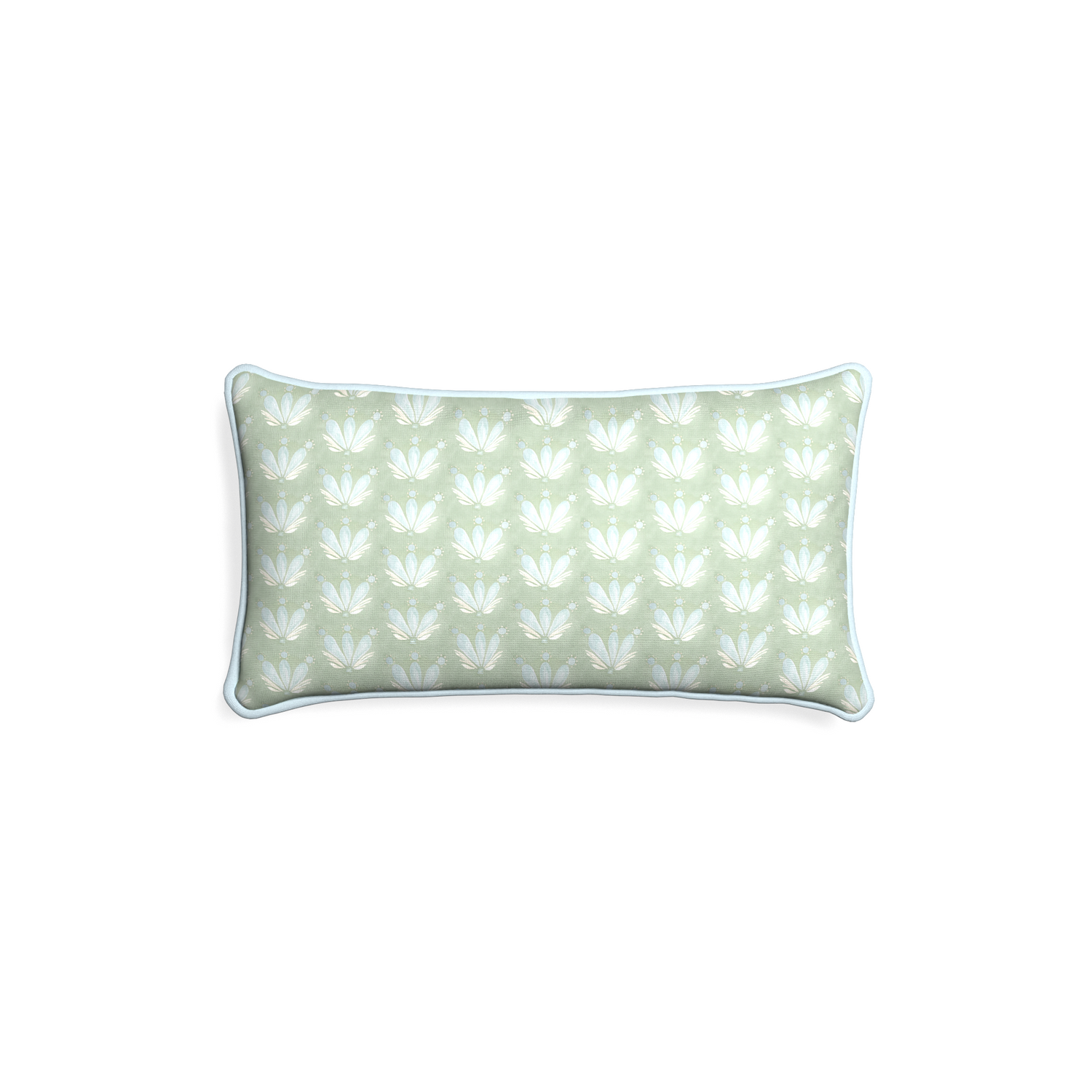 Petite-lumbar serena sea salt custom blue & green floral drop repeatpillow with powder piping on white background