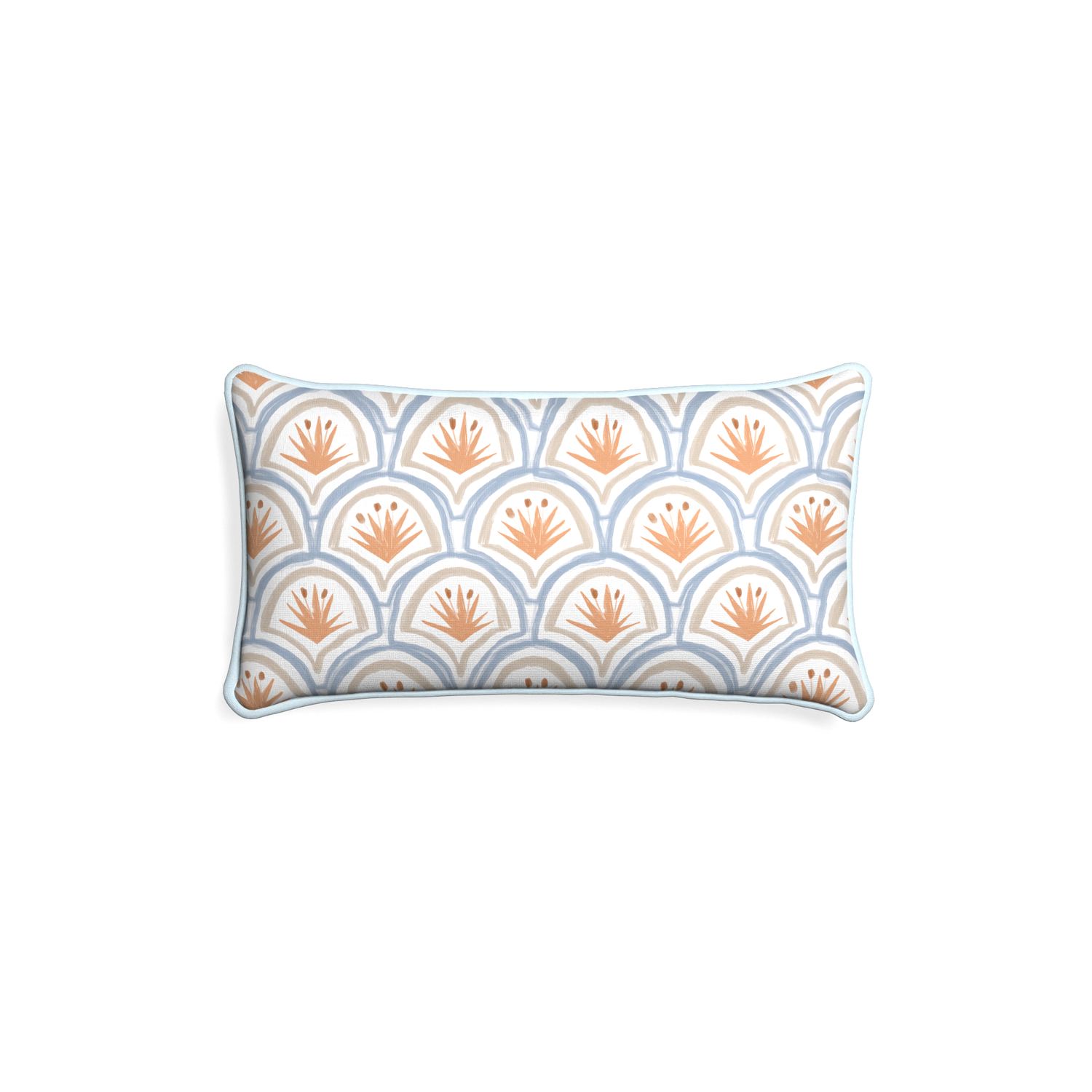 Petite-lumbar thatcher apricot custom art deco palm patternpillow with powder piping on white background