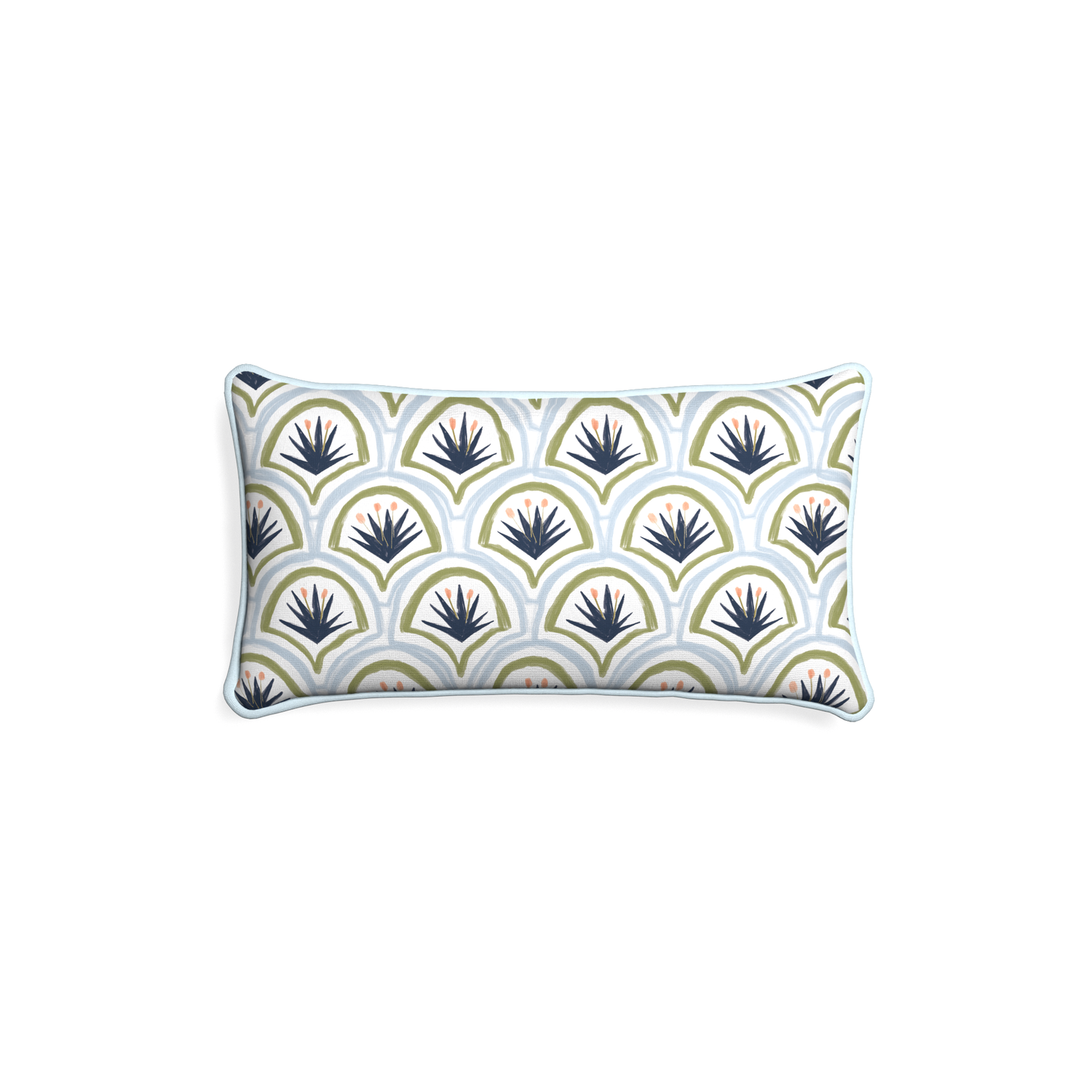 Petite-lumbar thatcher midnight custom art deco palm patternpillow with powder piping on white background