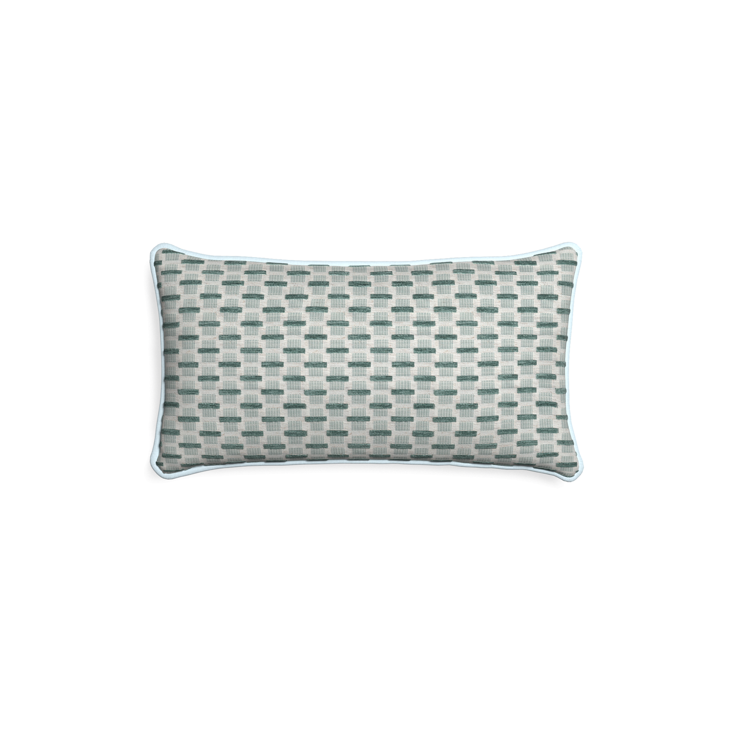 Petite-lumbar willow mint custom green geometric chenillepillow with powder piping on white background