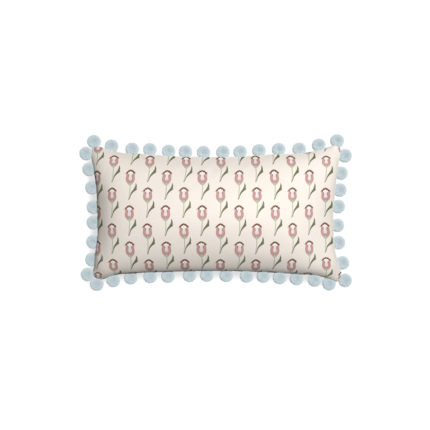 abstract floral lumbar pillow with light blue pom poms