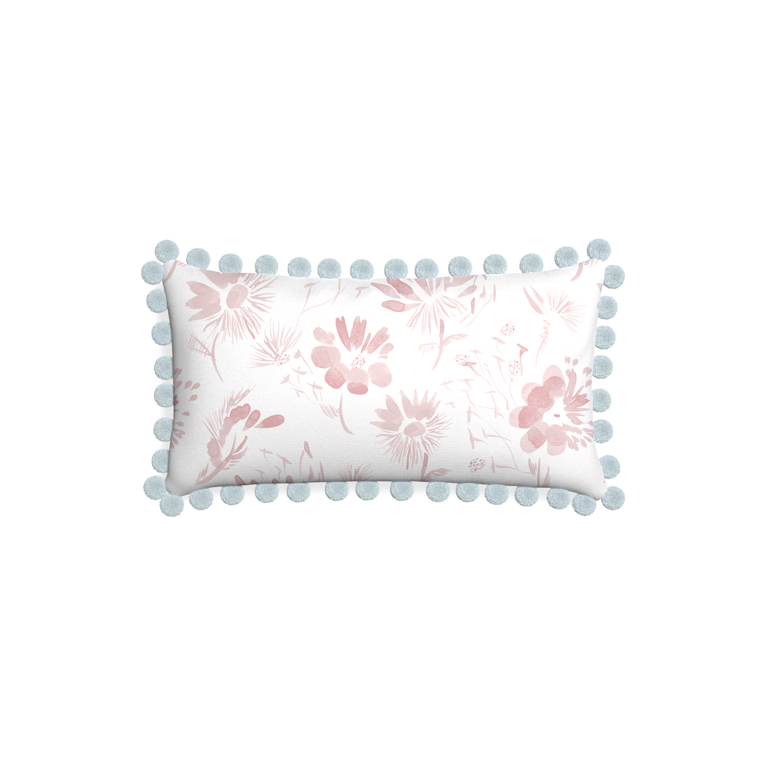 Petite-lumbar blake custom pink floralpillow with powder pom pom on white background