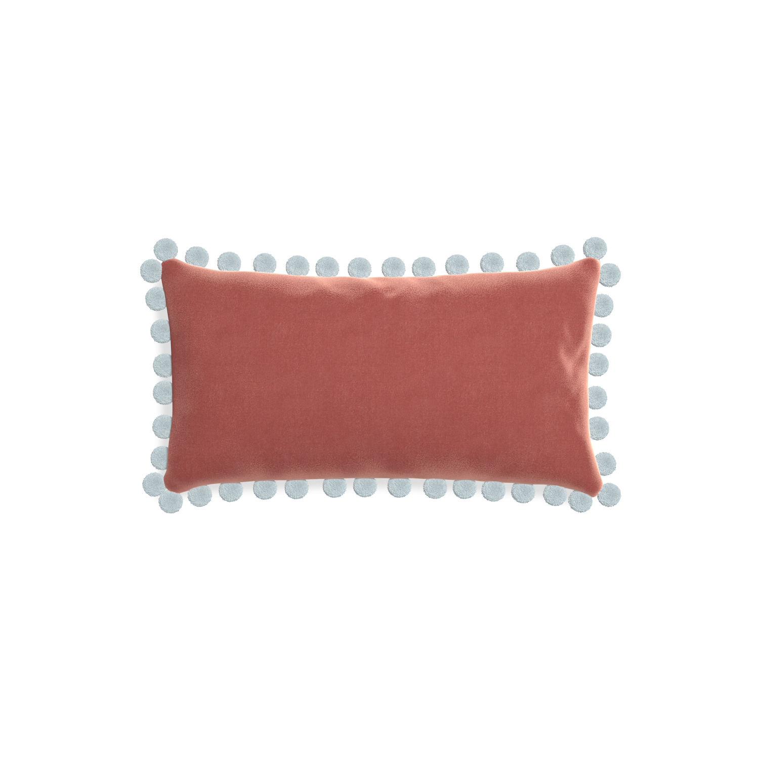 rectangle coral velvet pillow with light blue pom poms 