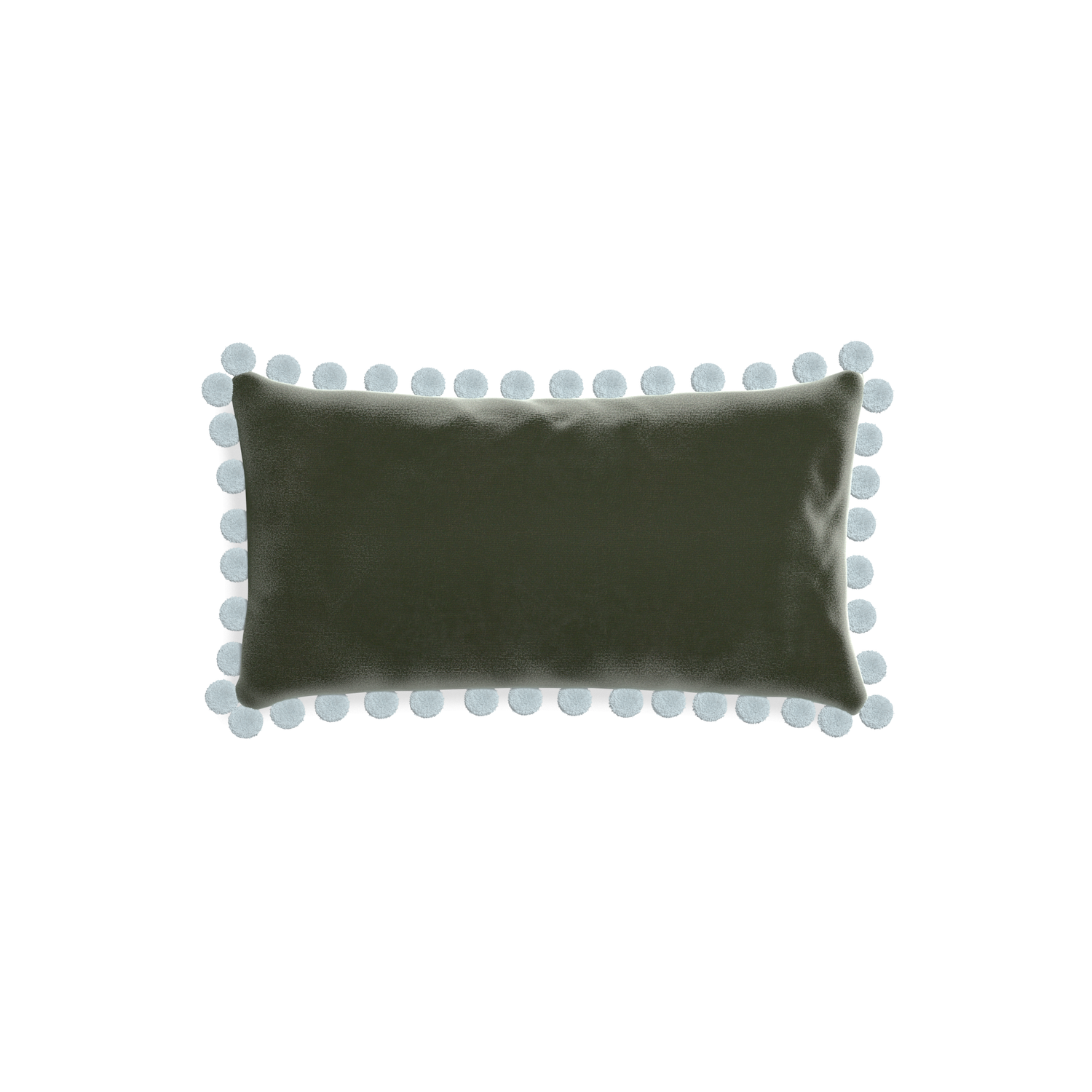 rectangle fern green velvet pillow with light blue pom poms