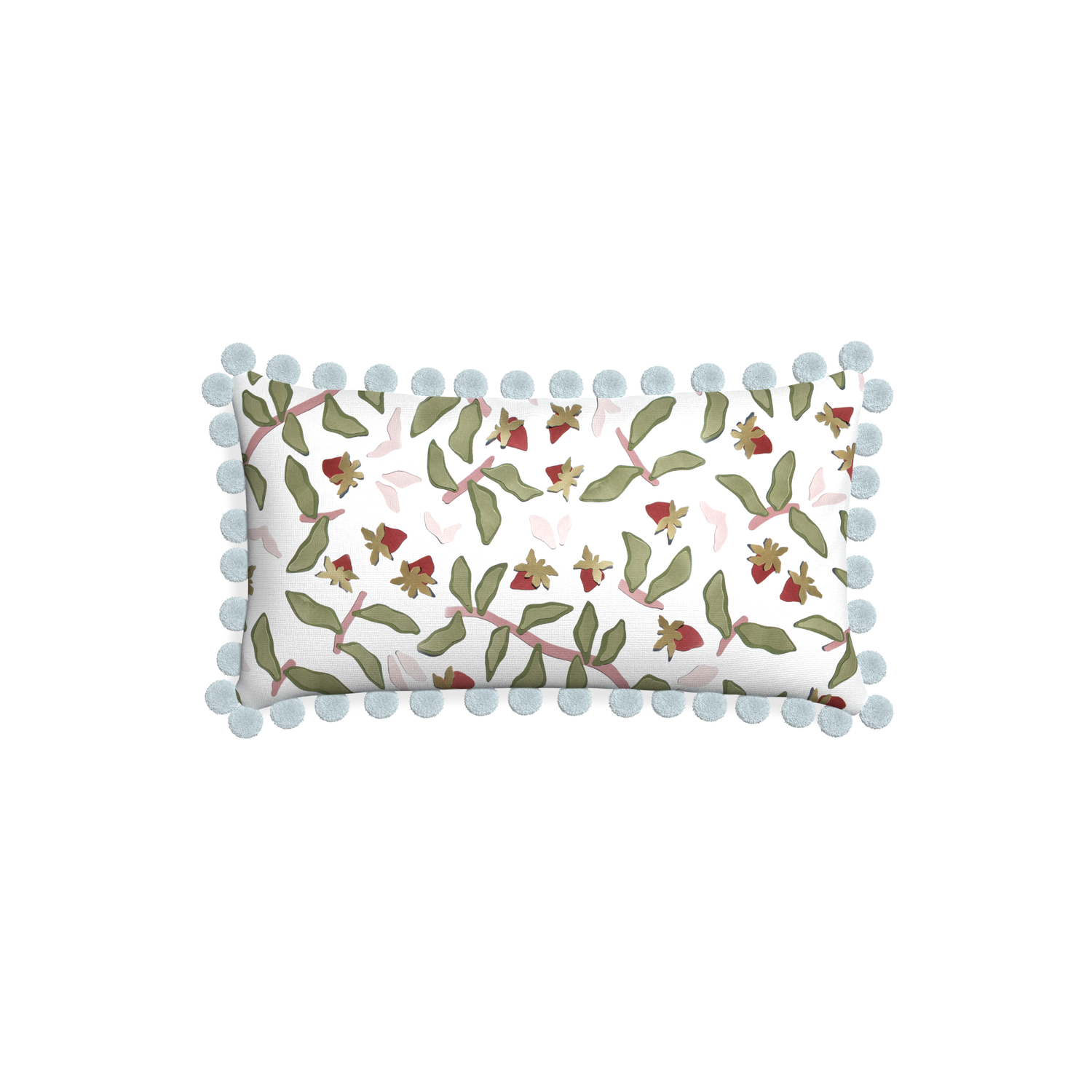Petite-lumbar nellie custom strawberry & botanicalpillow with powder pom pom on white background