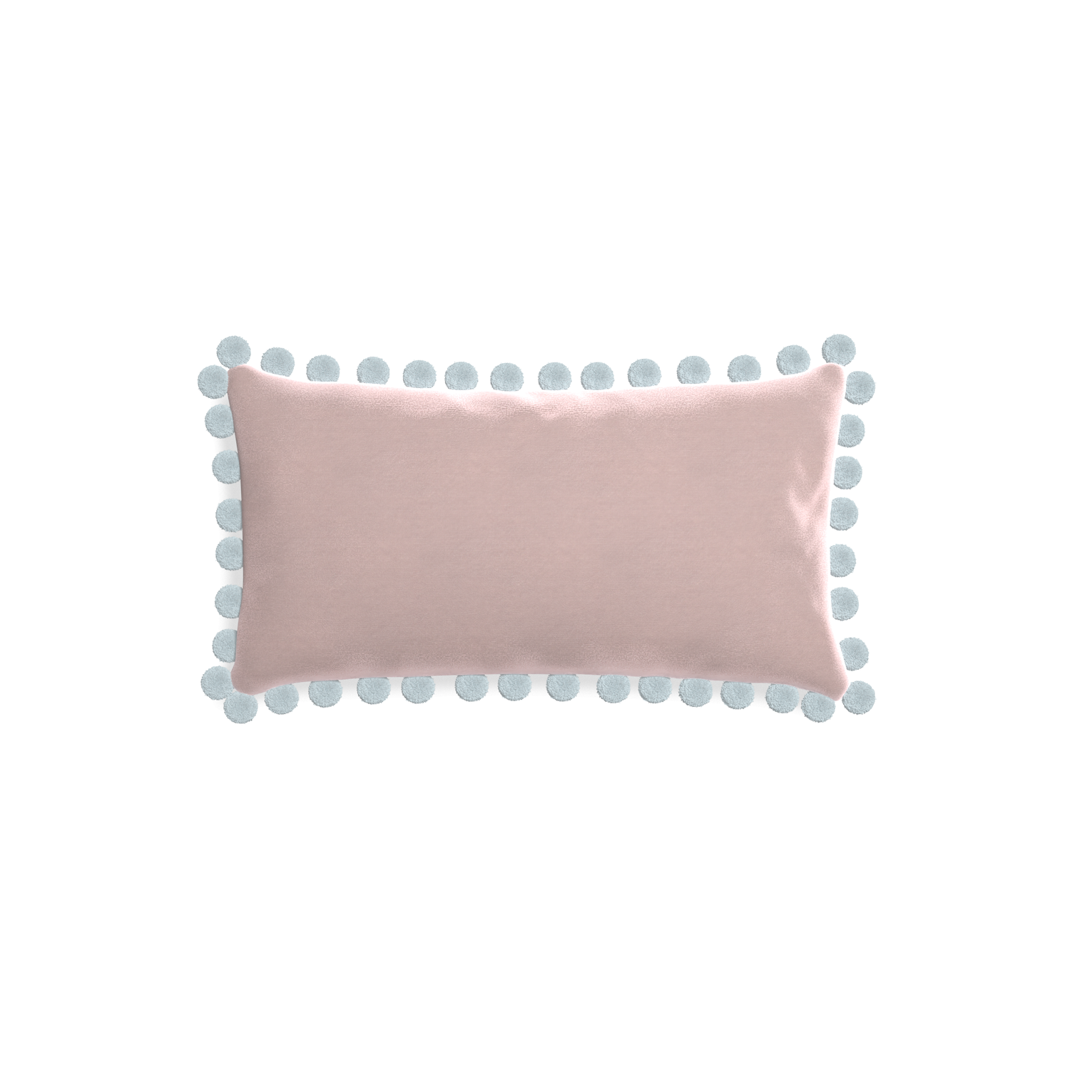rectangle light pink velvet pillow with light blue pom poms
