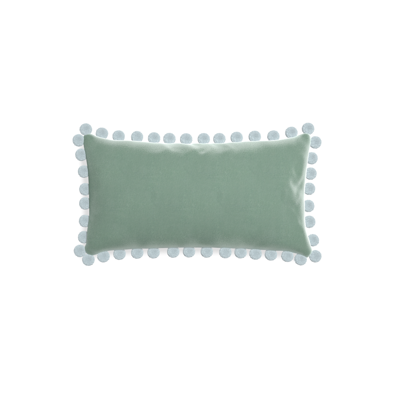 rectangle blue green velvet pillow with light blue pom poms