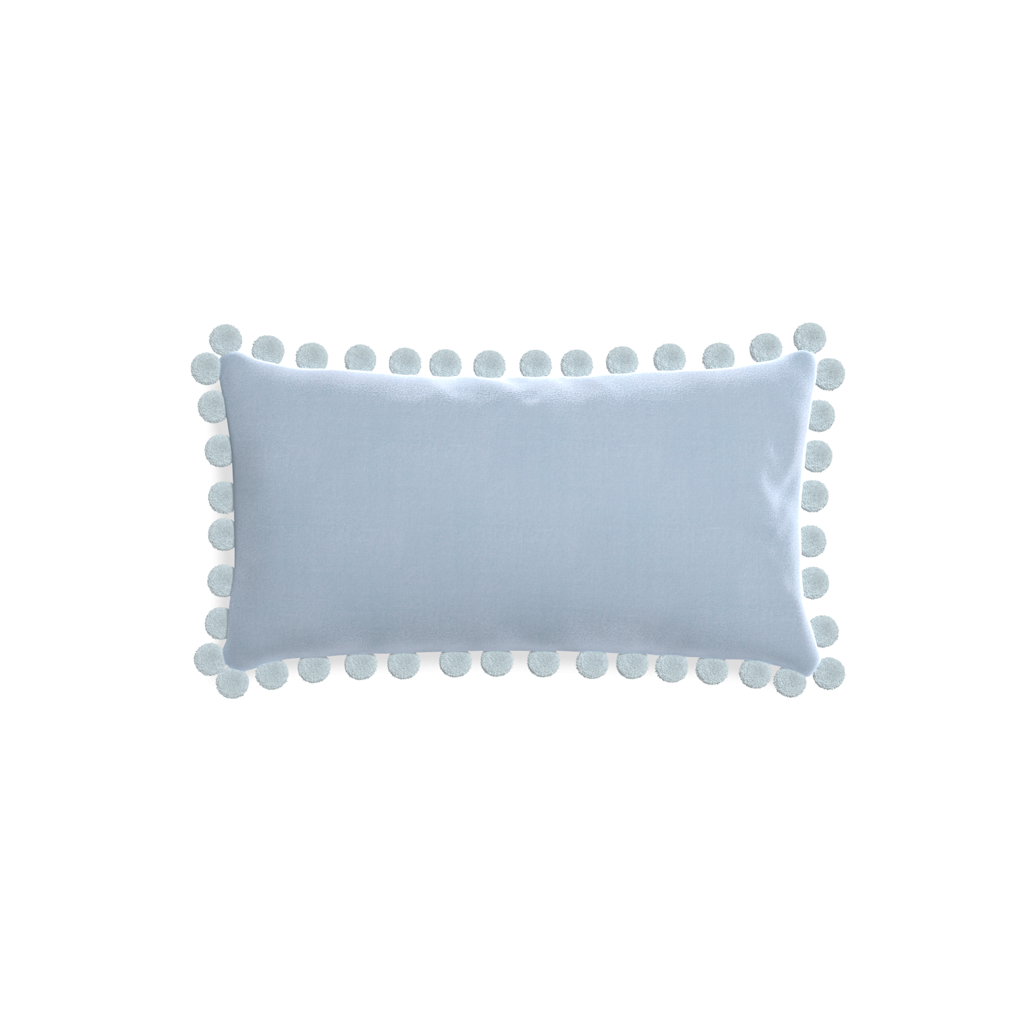 rectangle light blue velvet pillow with light blue pom poms 