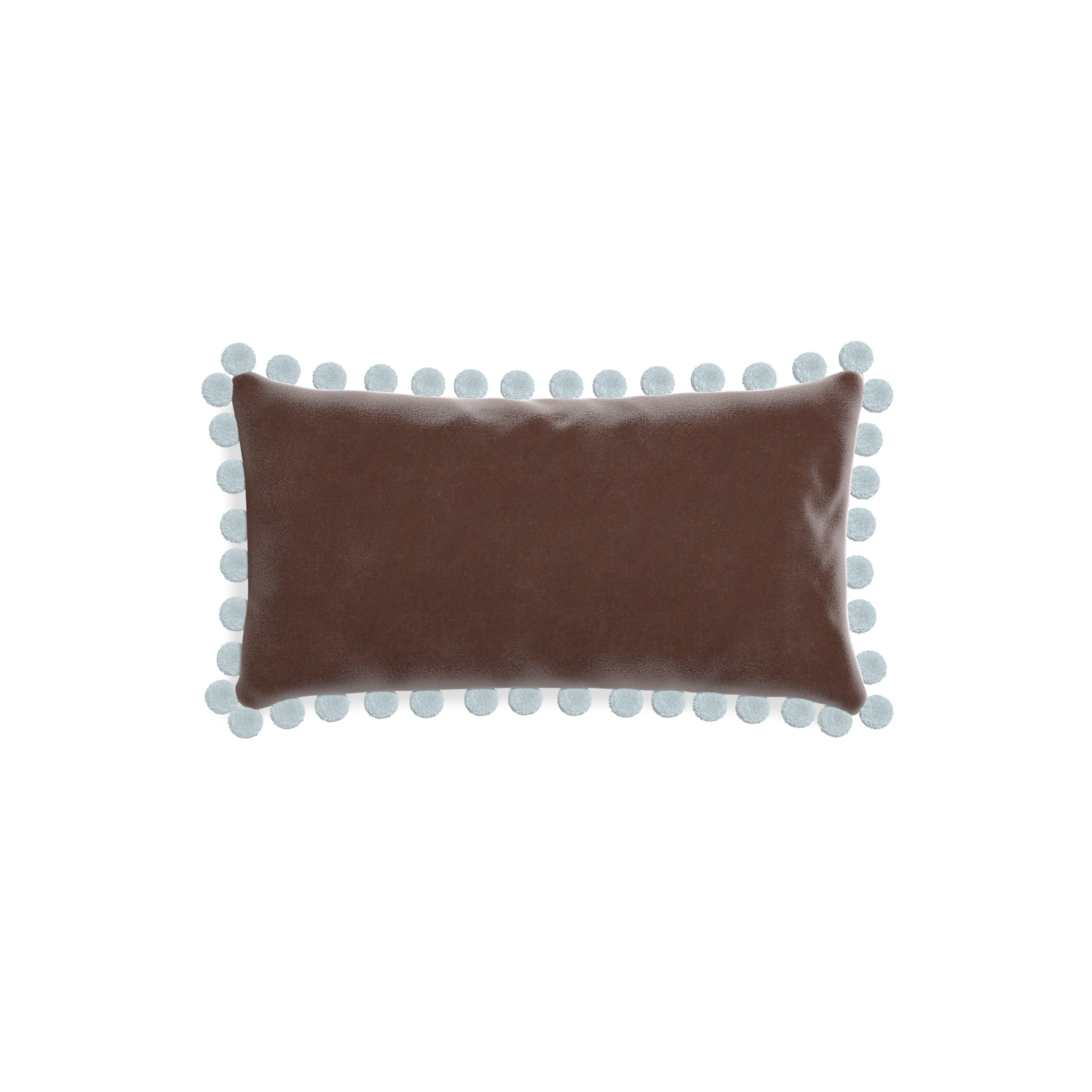 rectangle brown velvet pillow with light blue pom poms