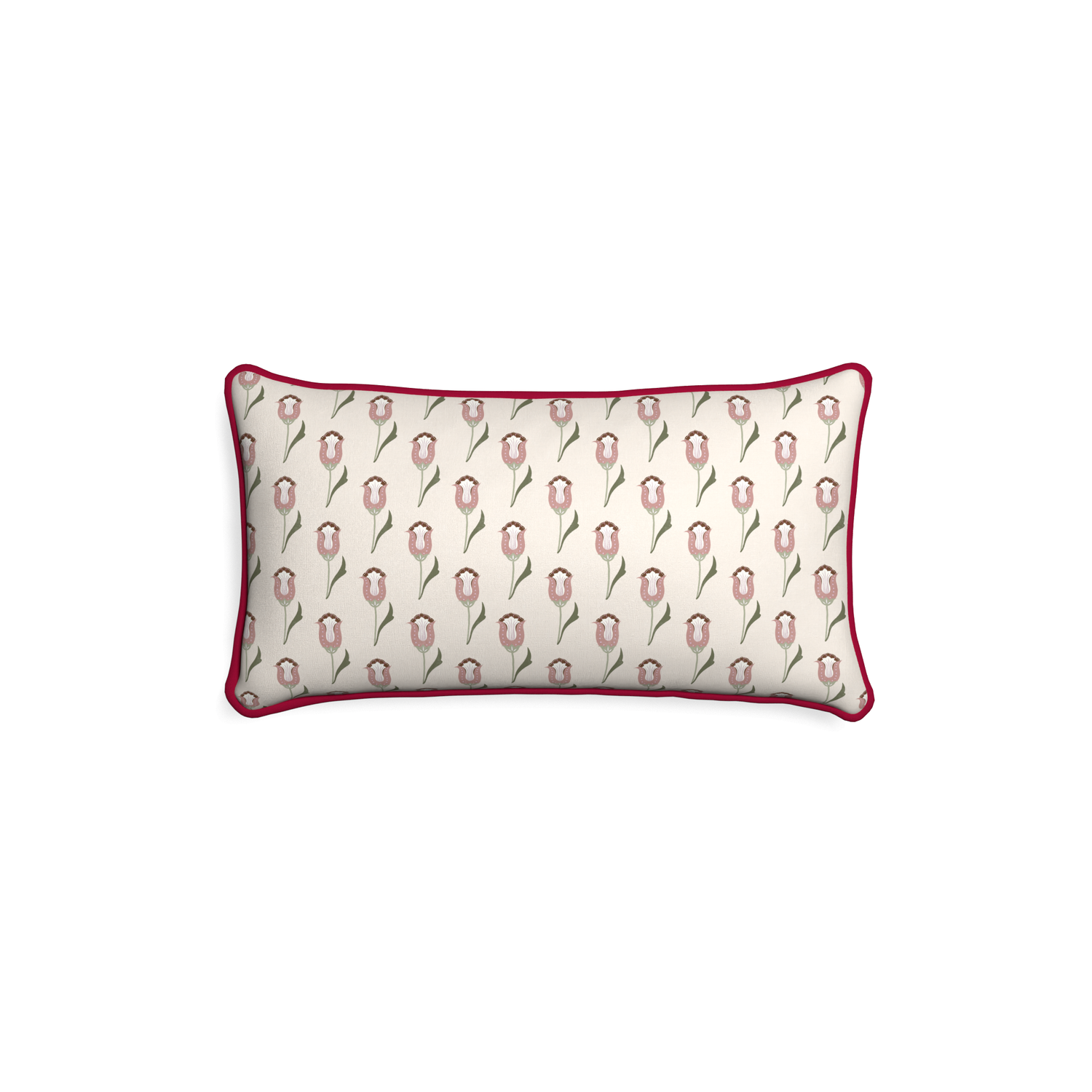 Petite-lumbar annabelle orchid custom pink tulippillow with raspberry piping on white background