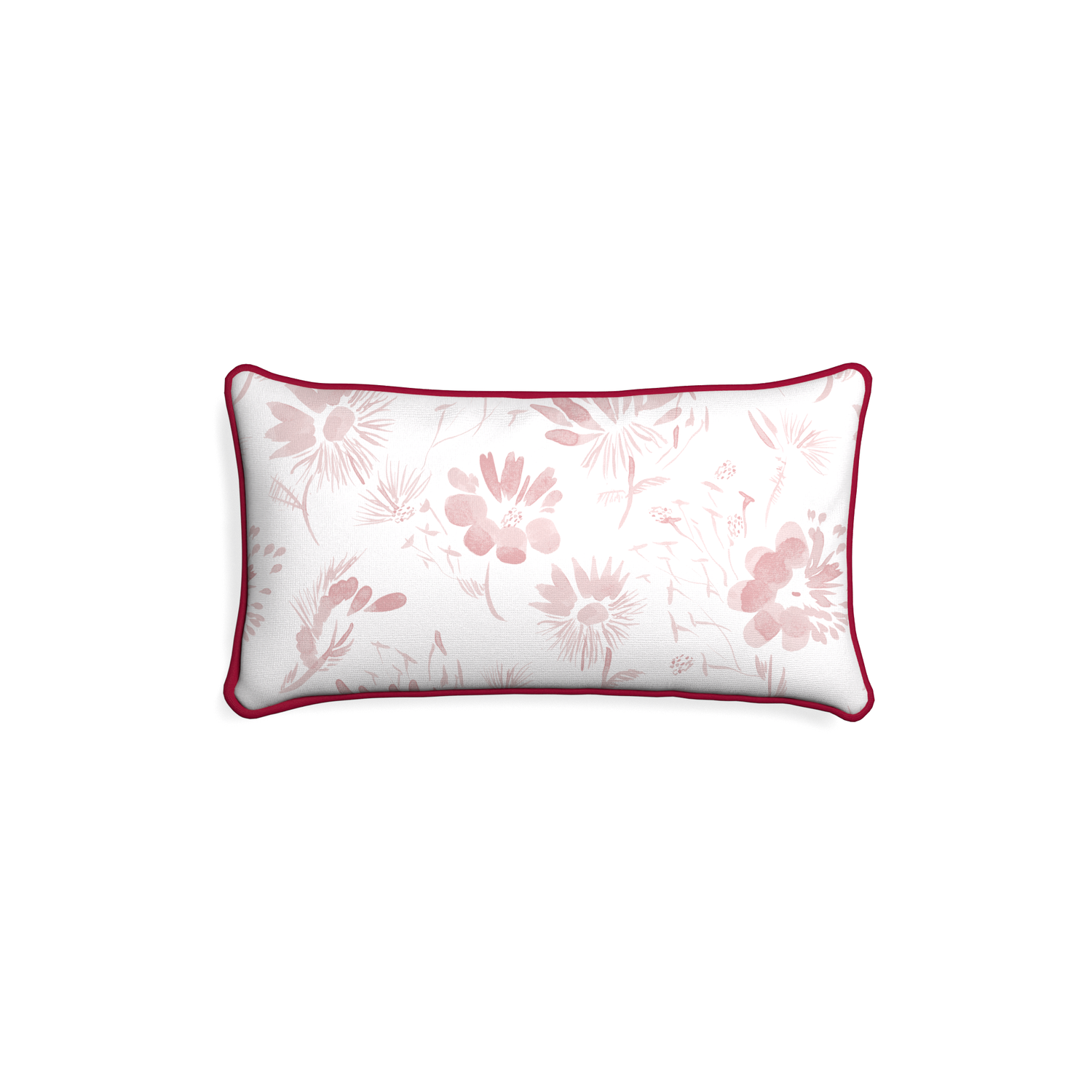 Petite-lumbar blake custom pink floralpillow with raspberry piping on white background