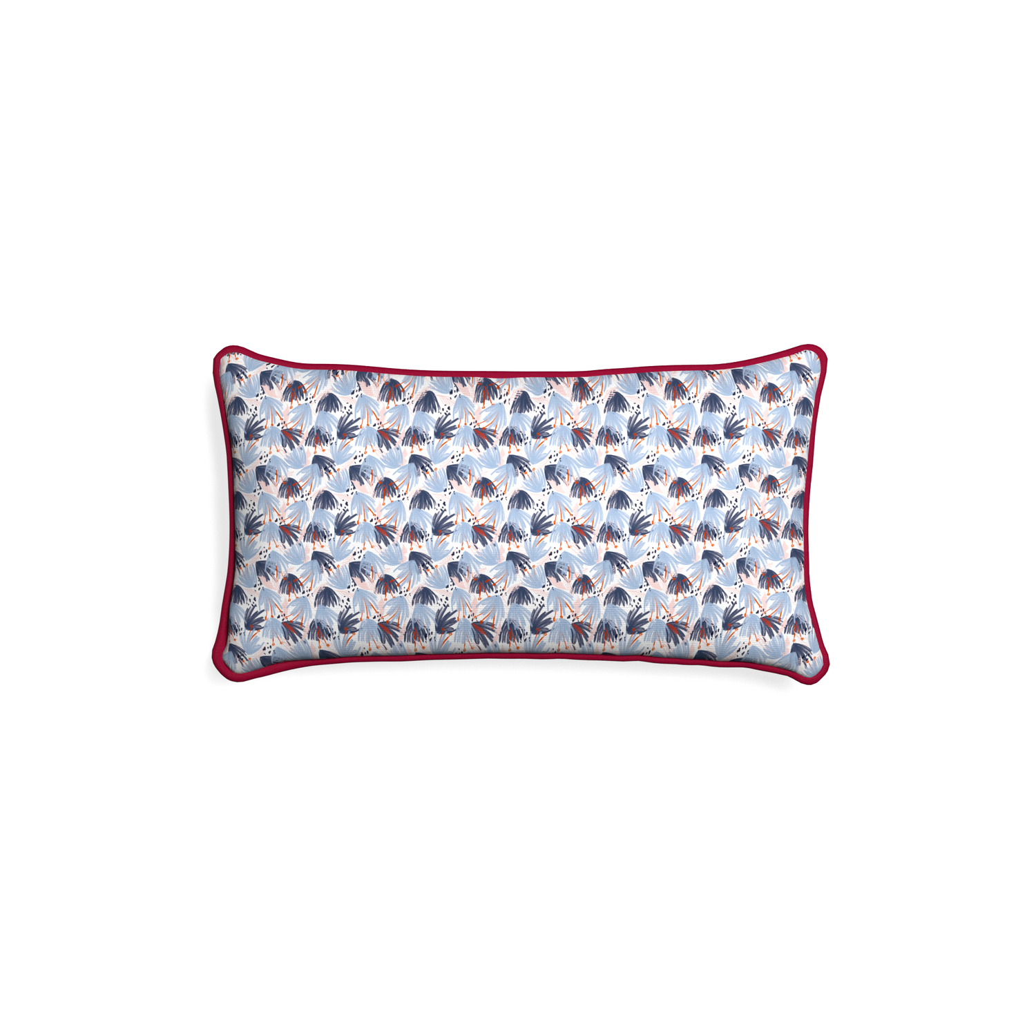 Petite-lumbar eden blue custom red and bluepillow with raspberry piping on white background