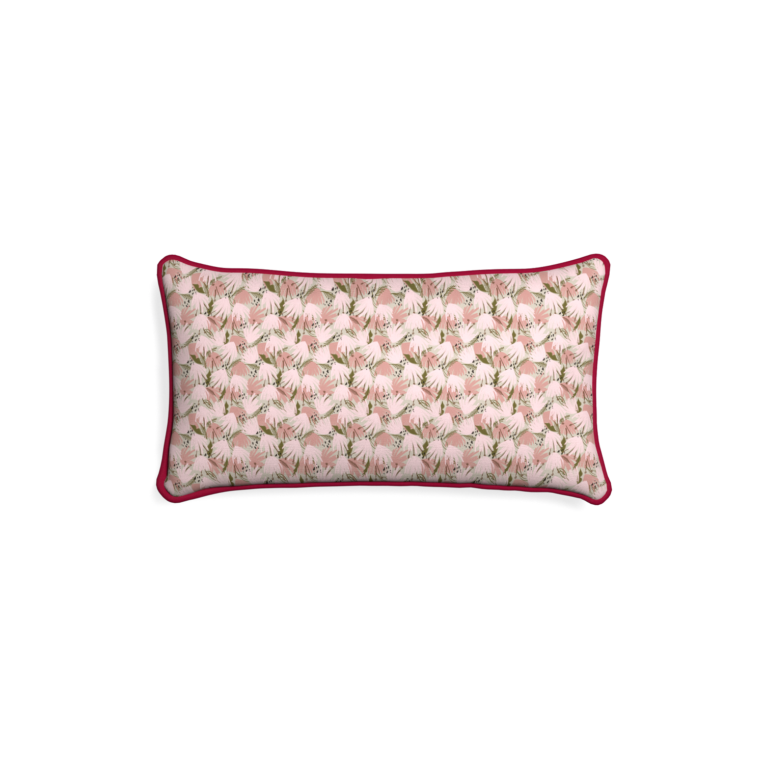 Petite-lumbar eden pink custom pink floralpillow with raspberry piping on white background