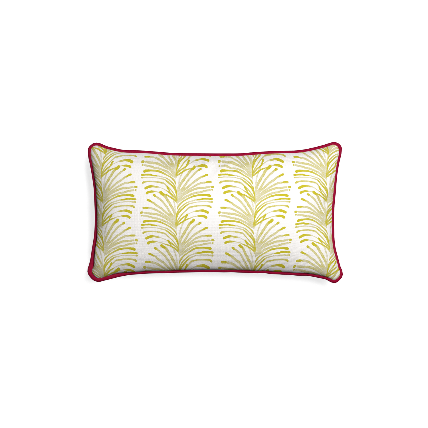 Petite-lumbar emma chartreuse custom yellow stripe chartreusepillow with raspberry piping on white background