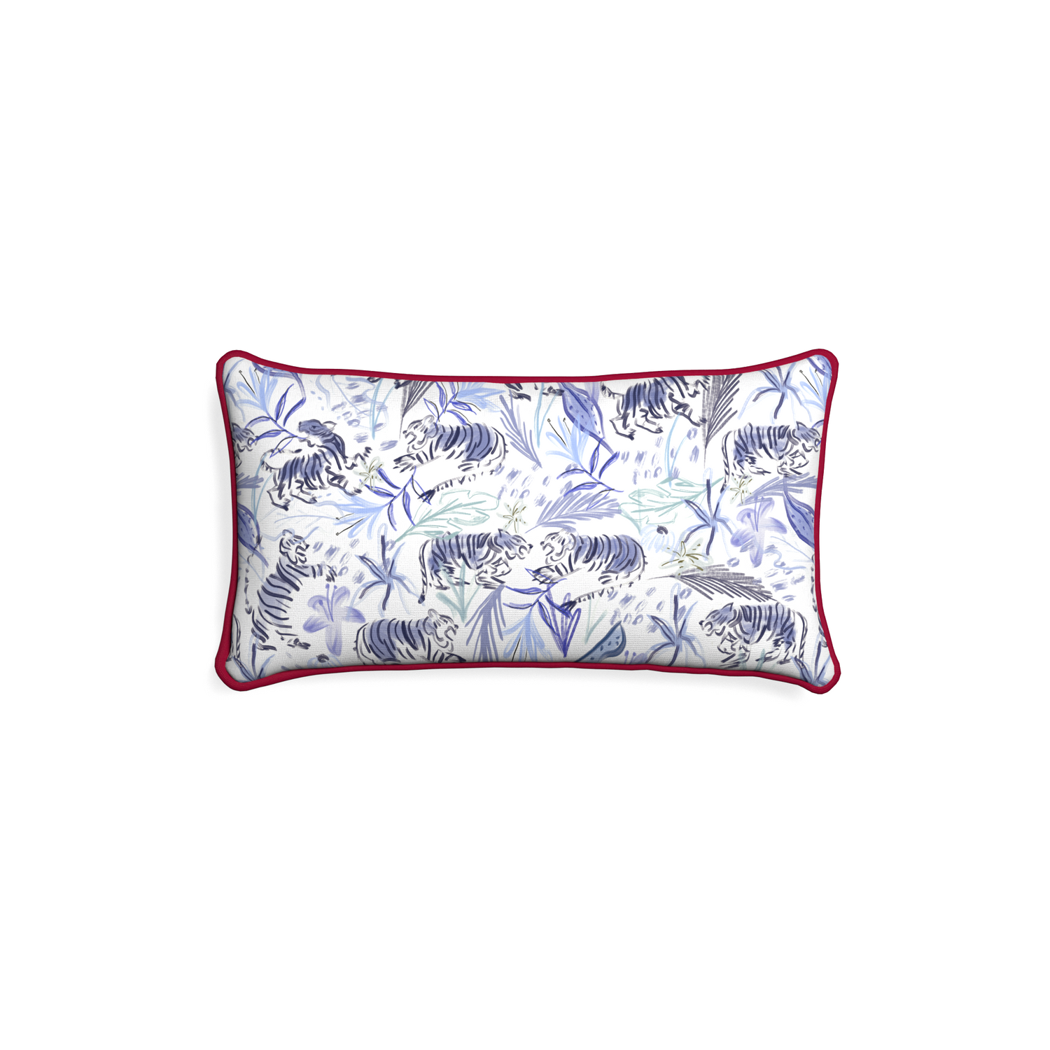 Petite-lumbar frida blue custom blue with intricate tiger designpillow with raspberry piping on white background