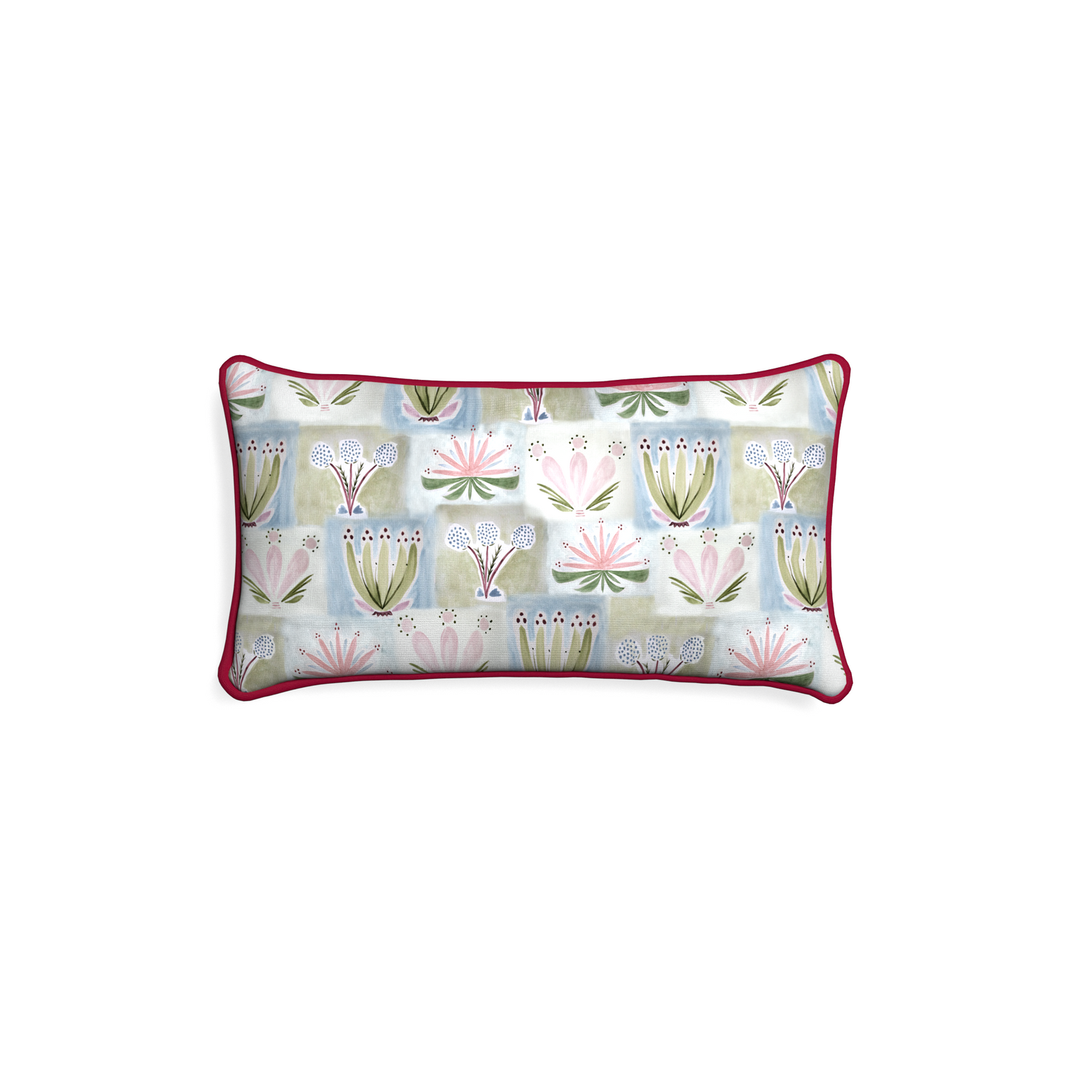 Petite-lumbar harper custom hand-painted floralpillow with raspberry piping on white background