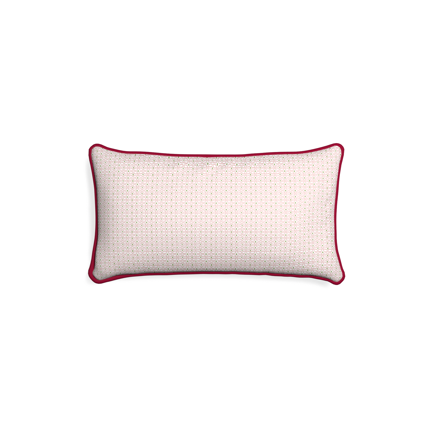 Petite-lumbar loomi pink custom pink geometricpillow with raspberry piping on white background