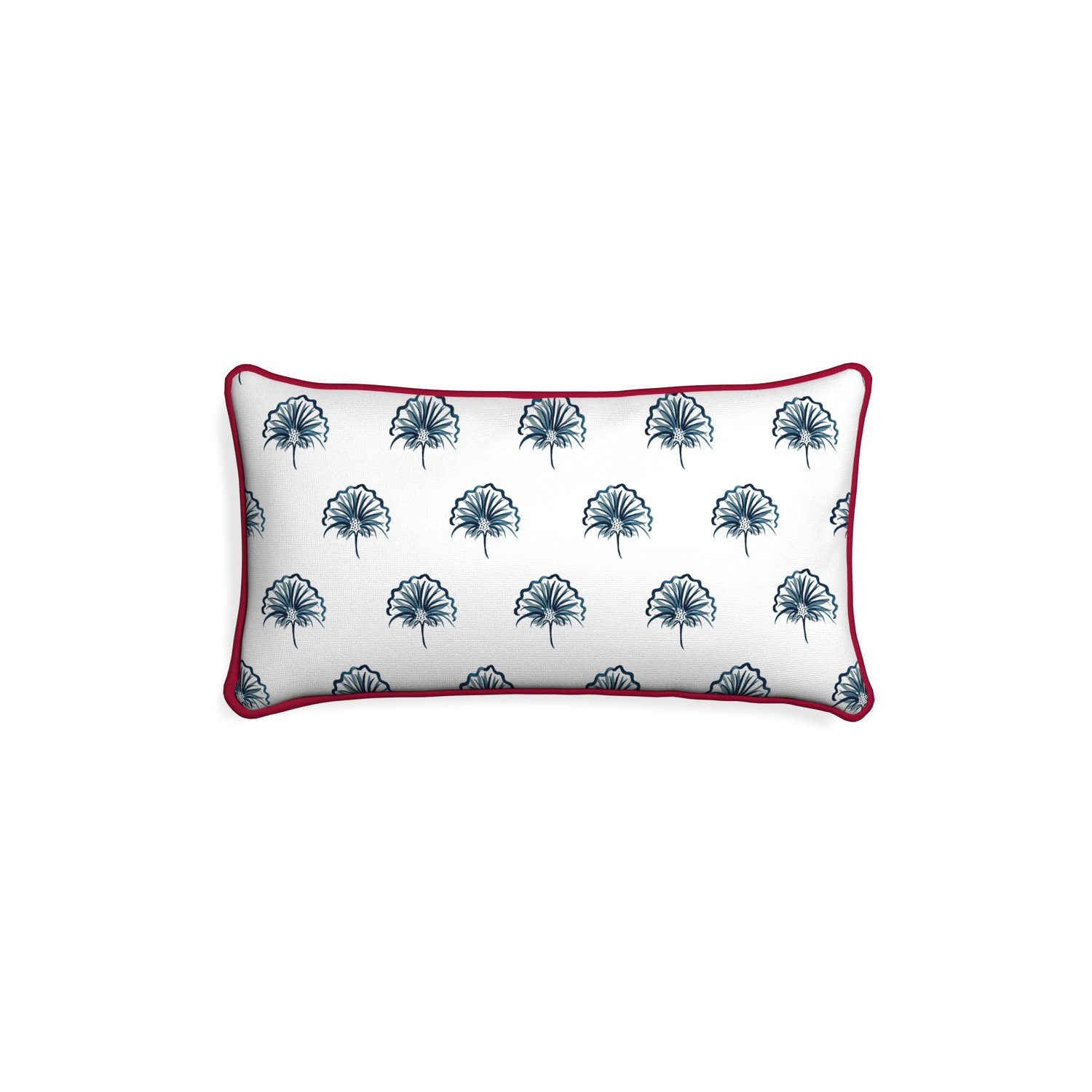 Petite-lumbar penelope midnight custom floral navypillow with raspberry piping on white background