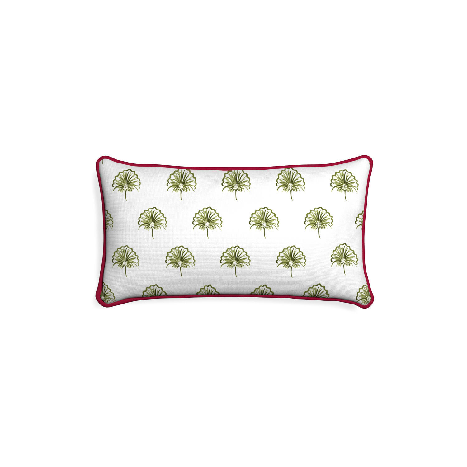 Petite-lumbar penelope moss custom green floralpillow with raspberry piping on white background