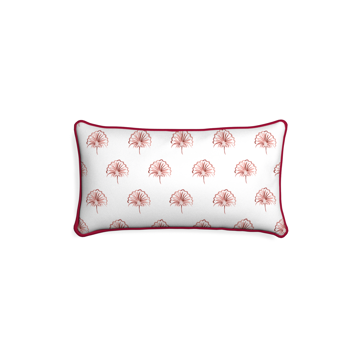 Petite-lumbar penelope rose custom floral pinkpillow with raspberry piping on white background