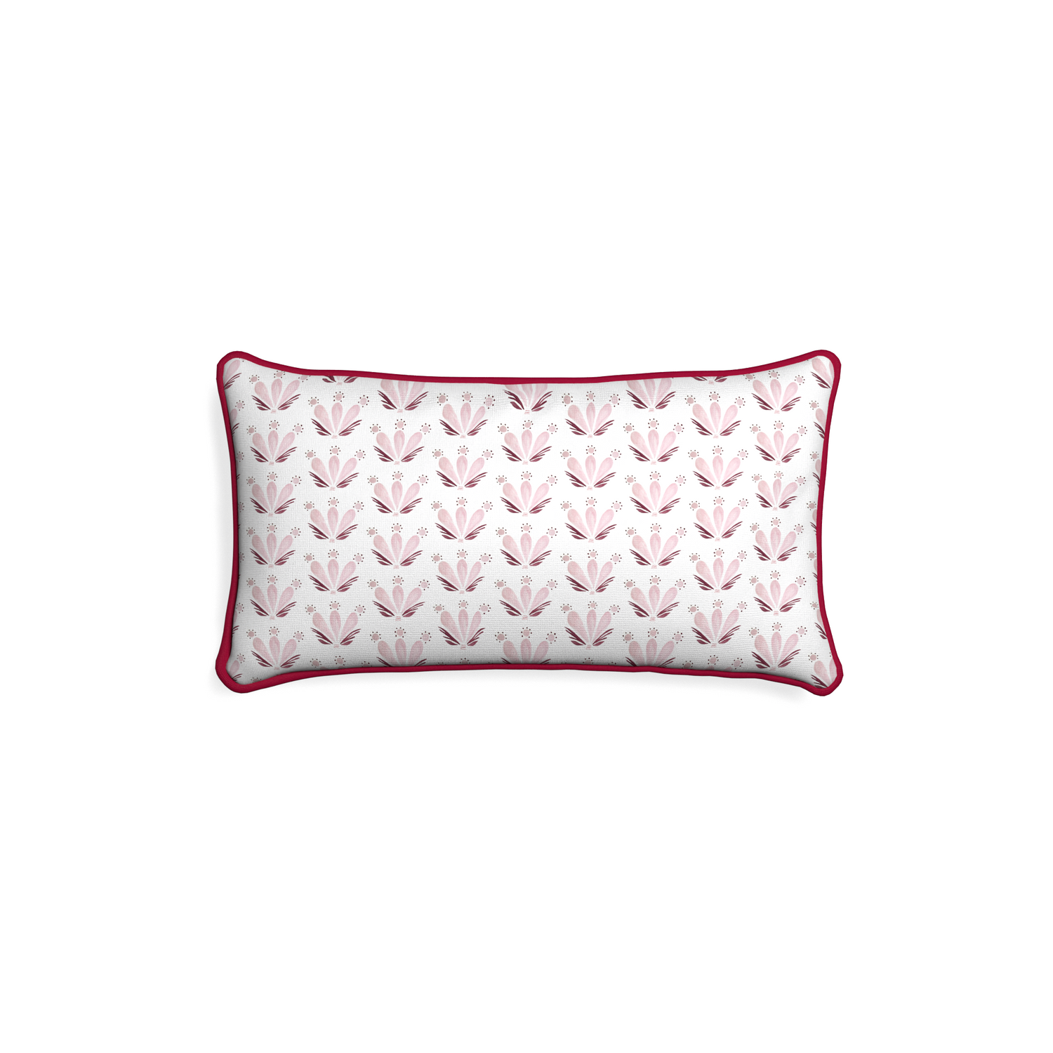 Petite-lumbar serena pink custom pink & burgundy drop repeat floralpillow with raspberry piping on white background