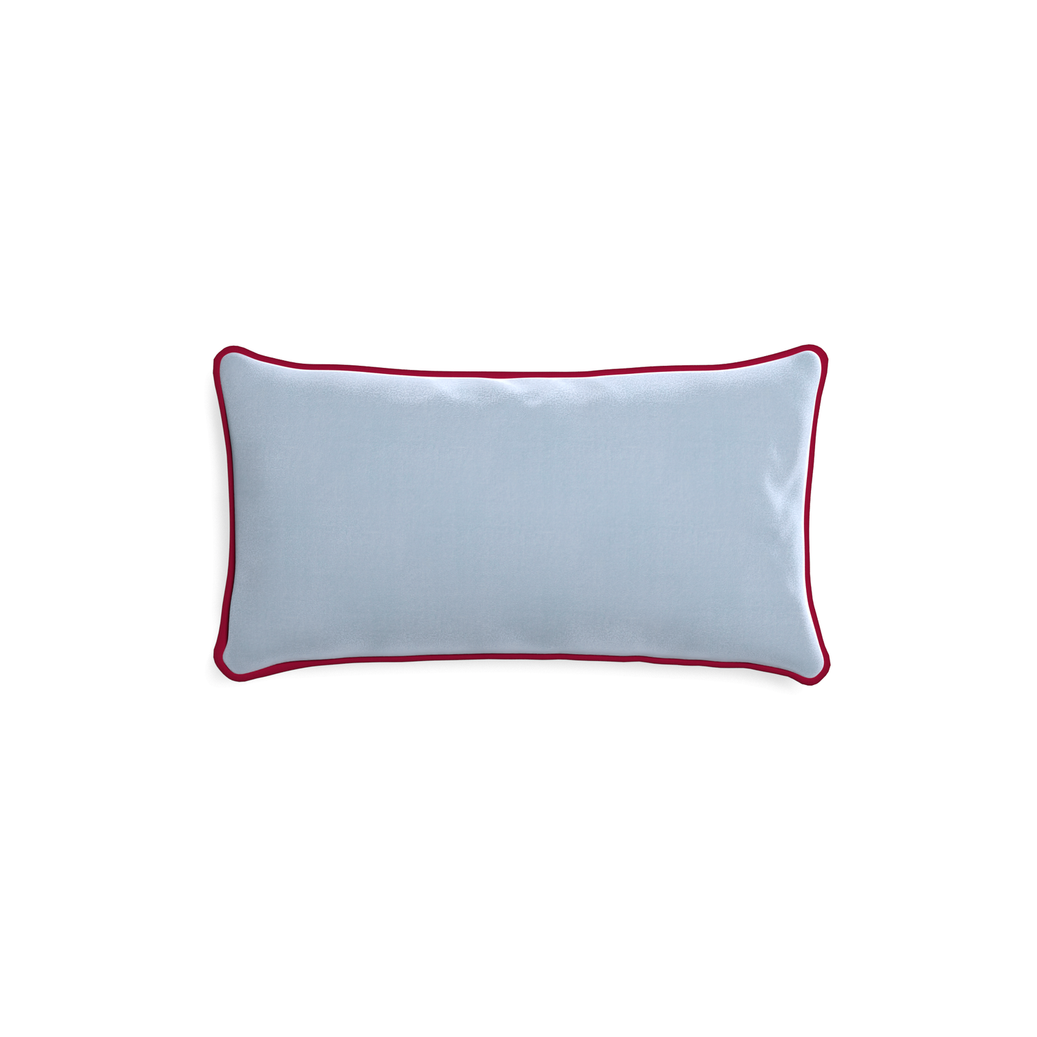 rectangle light blue velvet pillow with dark red piping