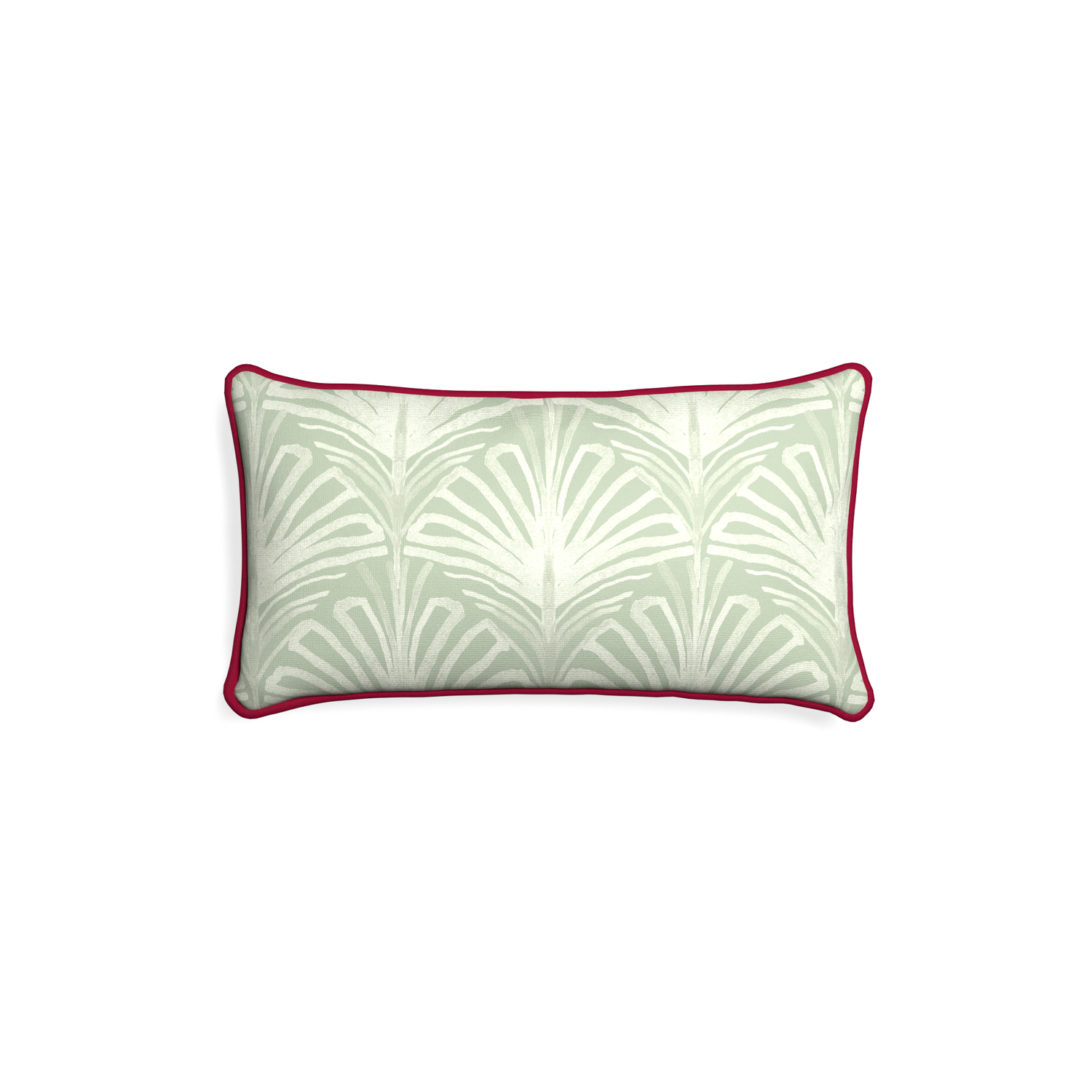 Petite-lumbar suzy sage custom sage green palmpillow with raspberry piping on white background