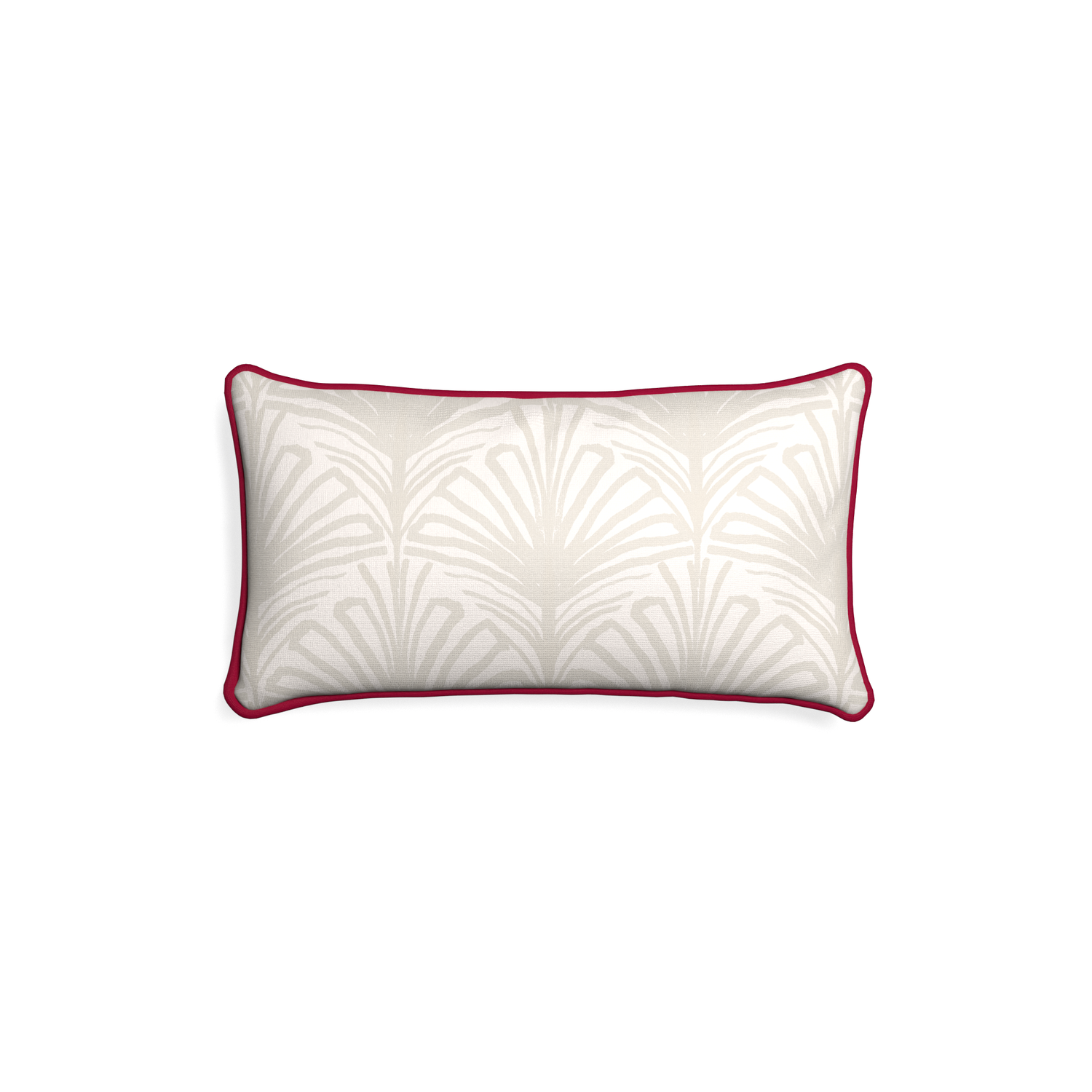 Petite-lumbar suzy sand custom beige palmpillow with raspberry piping on white background