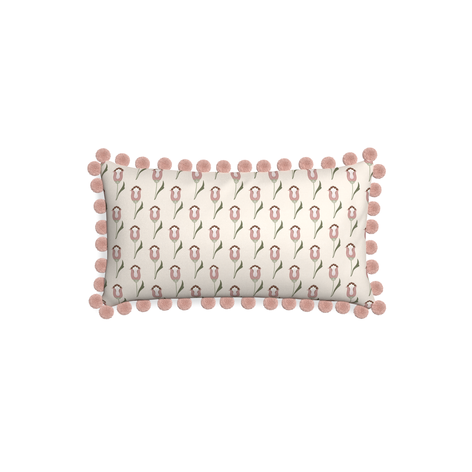 abstract floral pink lumbar pillow with rose pink pom poms