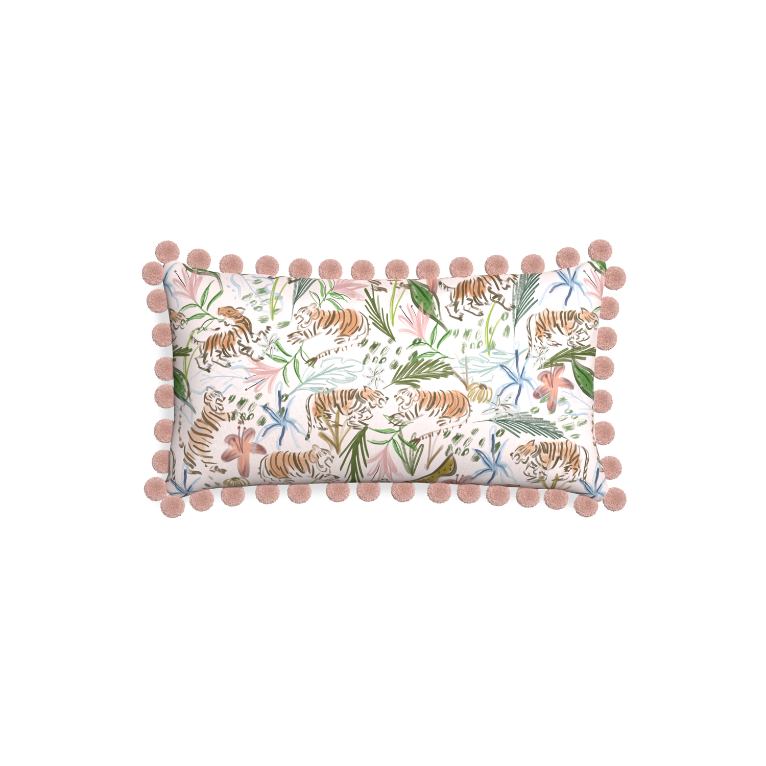 Petite-lumbar frida pink custom pink chinoiserie tigerpillow with rose pom pom on white background