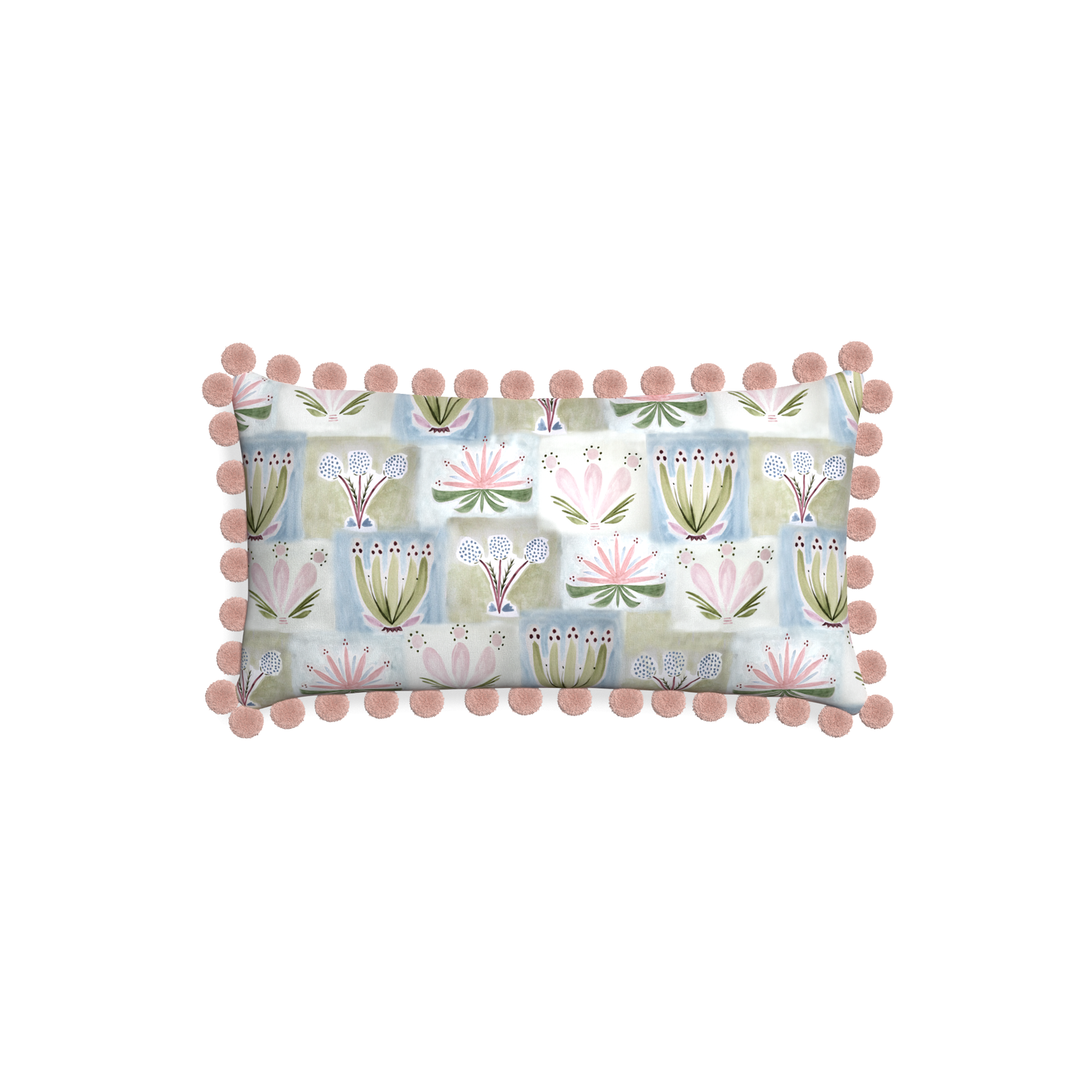 hand painted floral lumbar pillow with rose pink pom poms