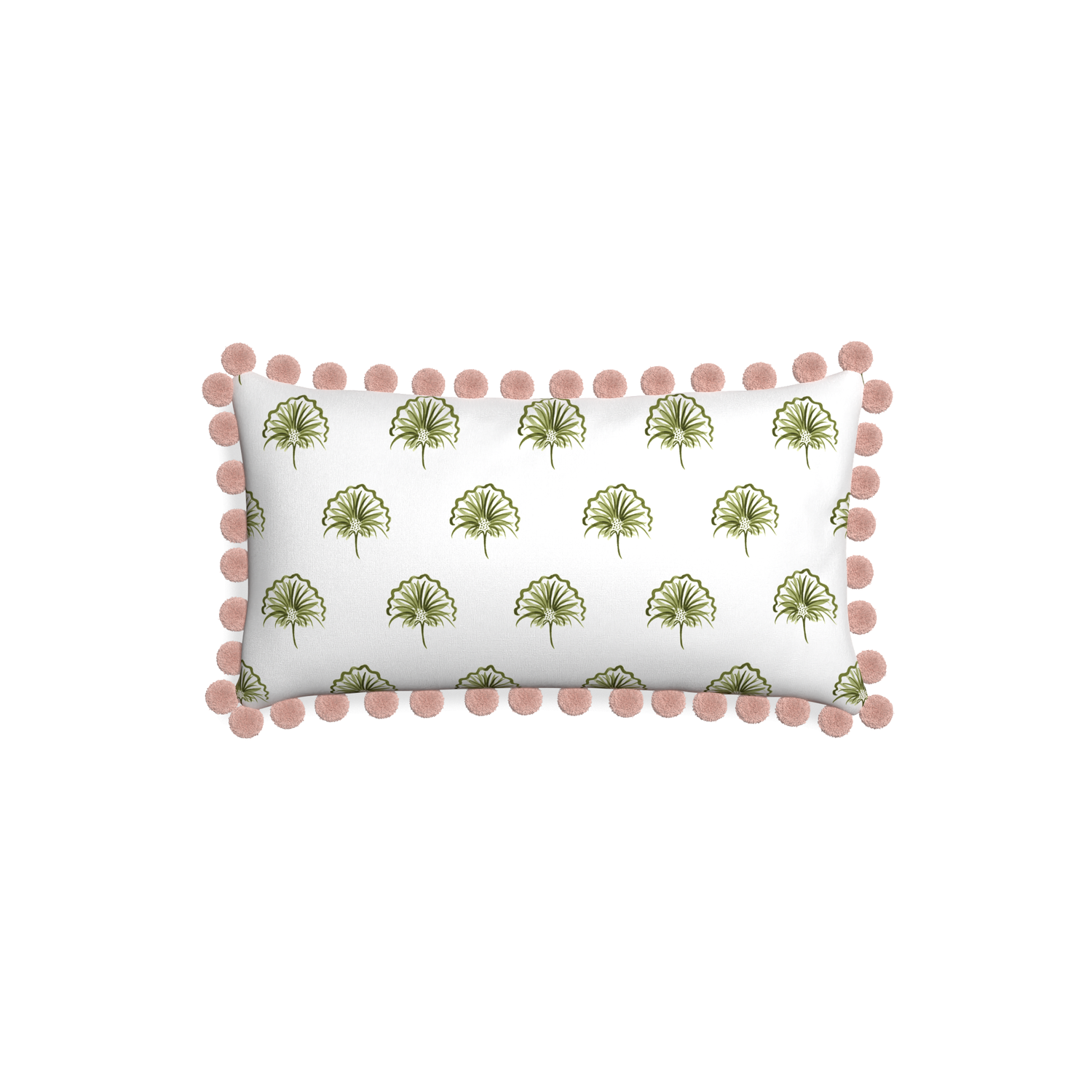 Petite-lumbar penelope moss custom green floralpillow with rose pom pom on white background