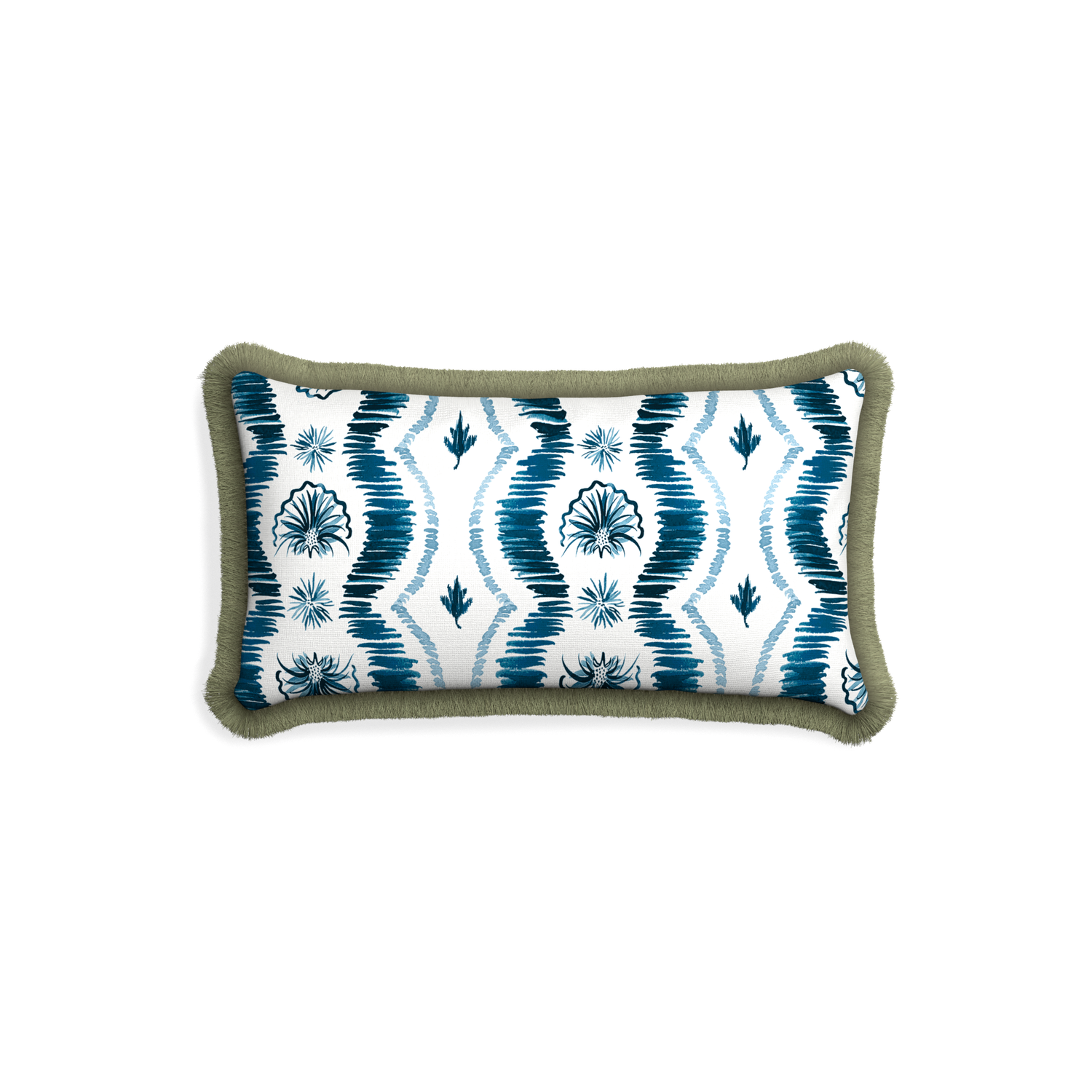 Lumbar Blue Ikat Stripe Pillow with green fringe