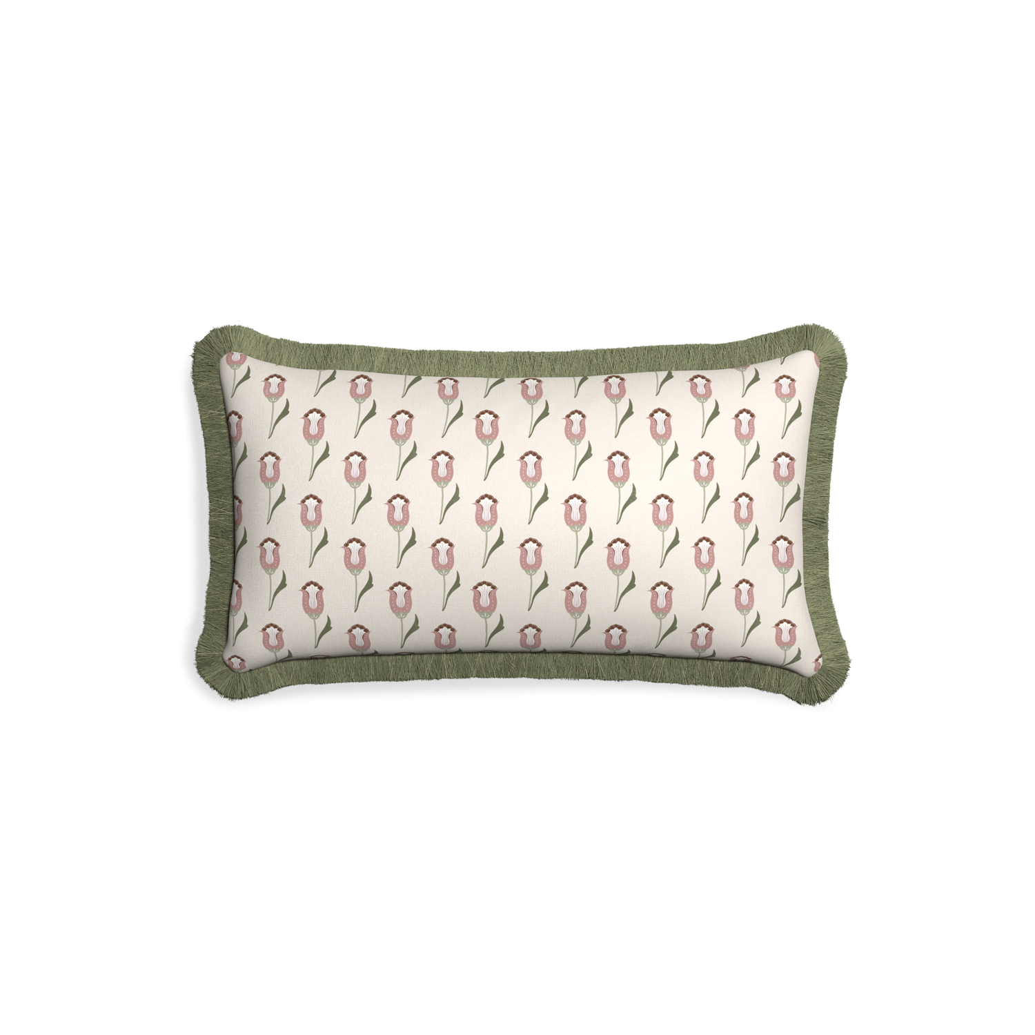 abstract floral pink lumbar pillow with sage green fringe