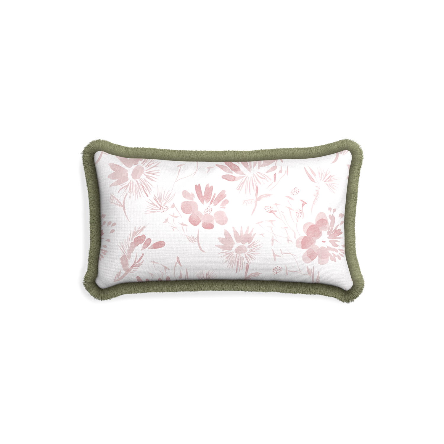 Petite-lumbar blake custom pink floralpillow with sage fringe on white background