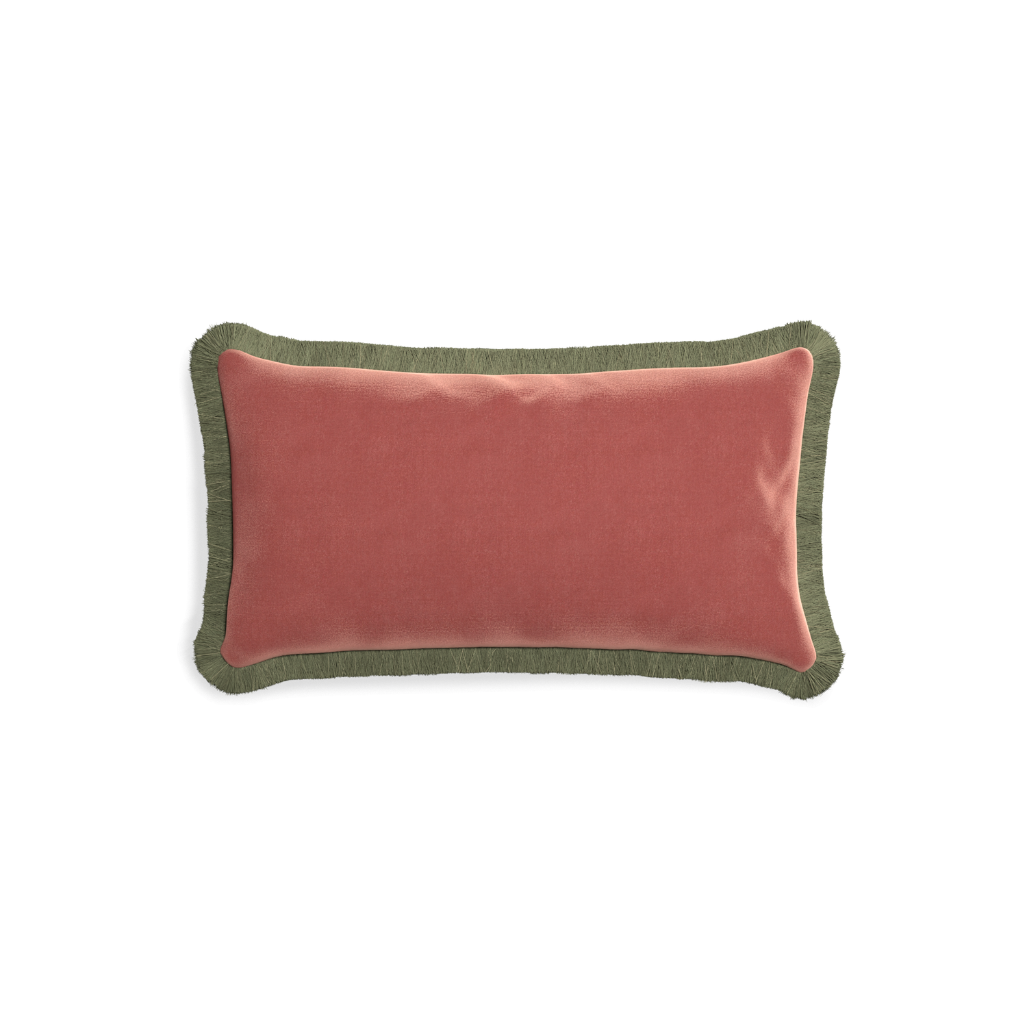 rectangle coral velvet pillow with sage green fringe