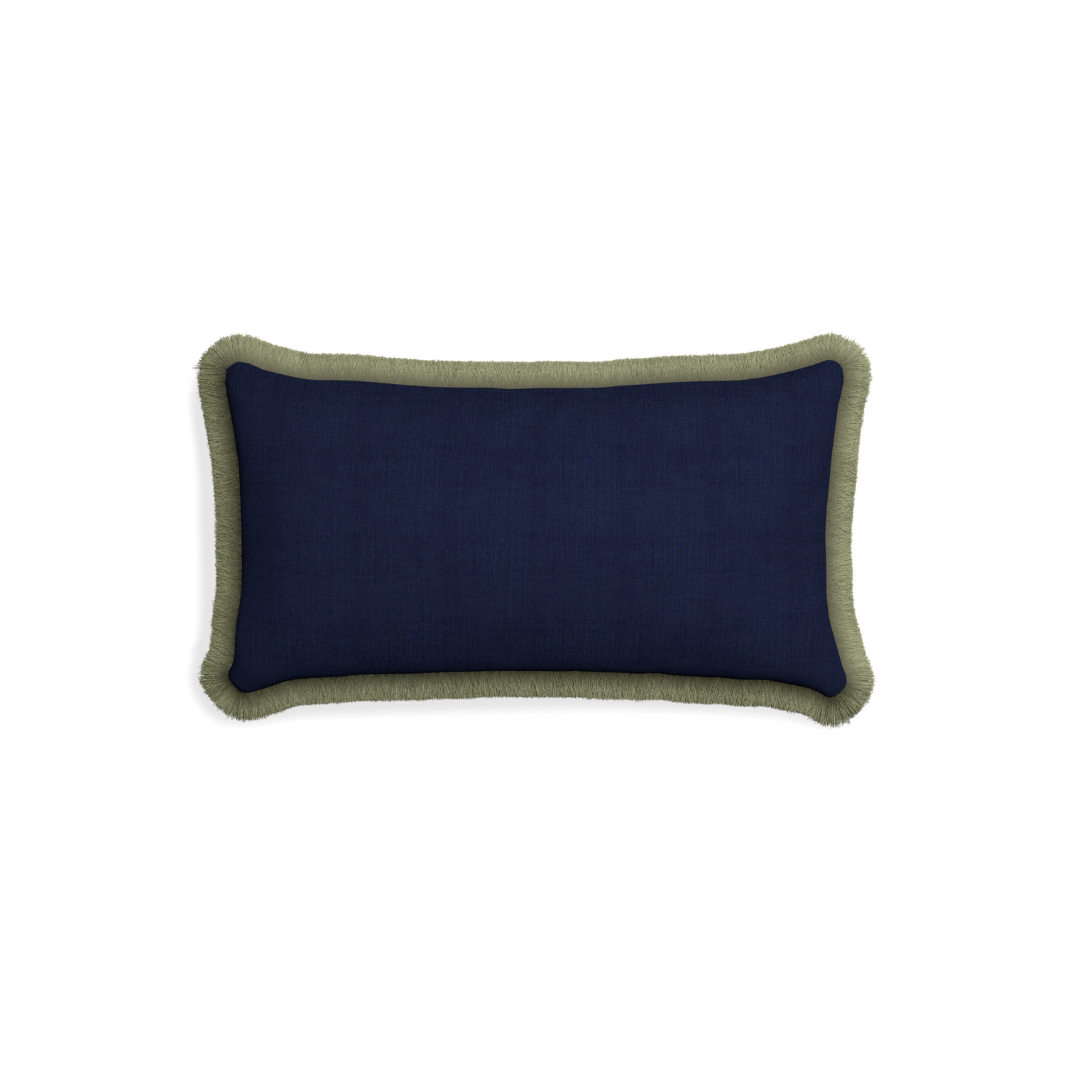 Petite-lumbar midnight custom navy bluepillow with sage fringe on white background