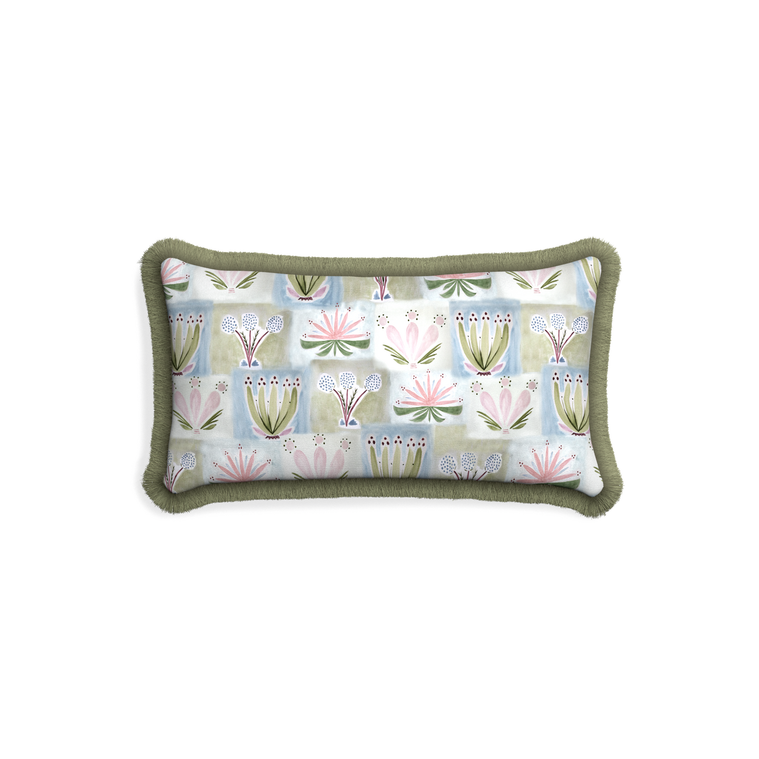 Petite-lumbar harper custom hand-painted floralpillow with sage fringe on white background