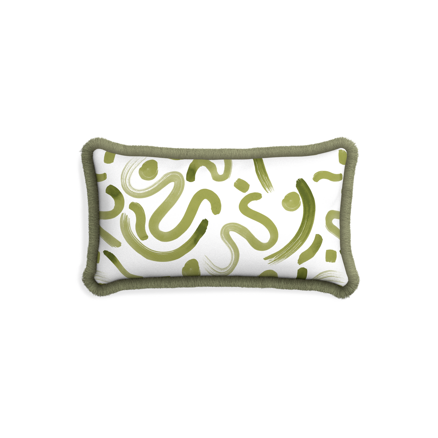 Petite-lumbar hockney moss custom moss greenpillow with sage fringe on white background