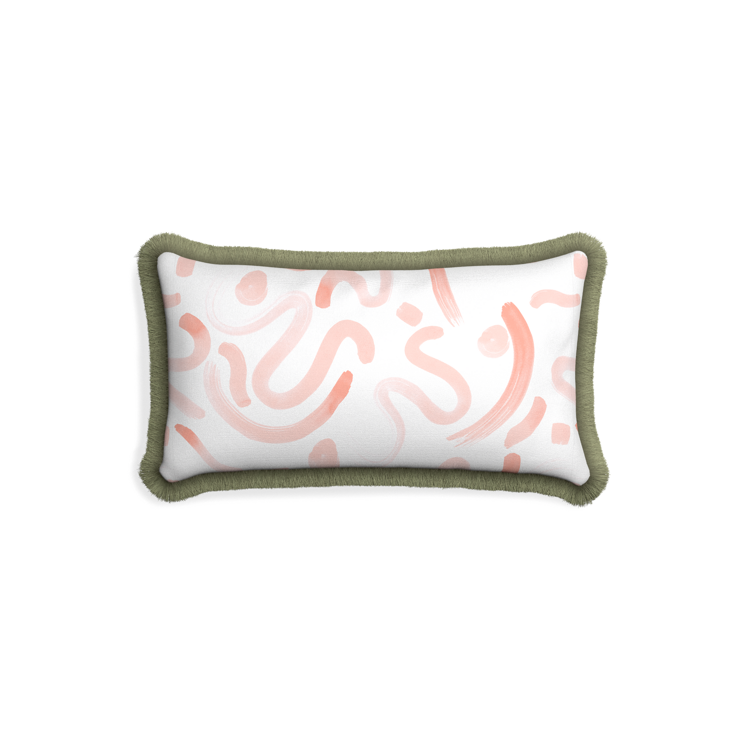 Petite-lumbar hockney pink custom pink graphicpillow with sage fringe on white background