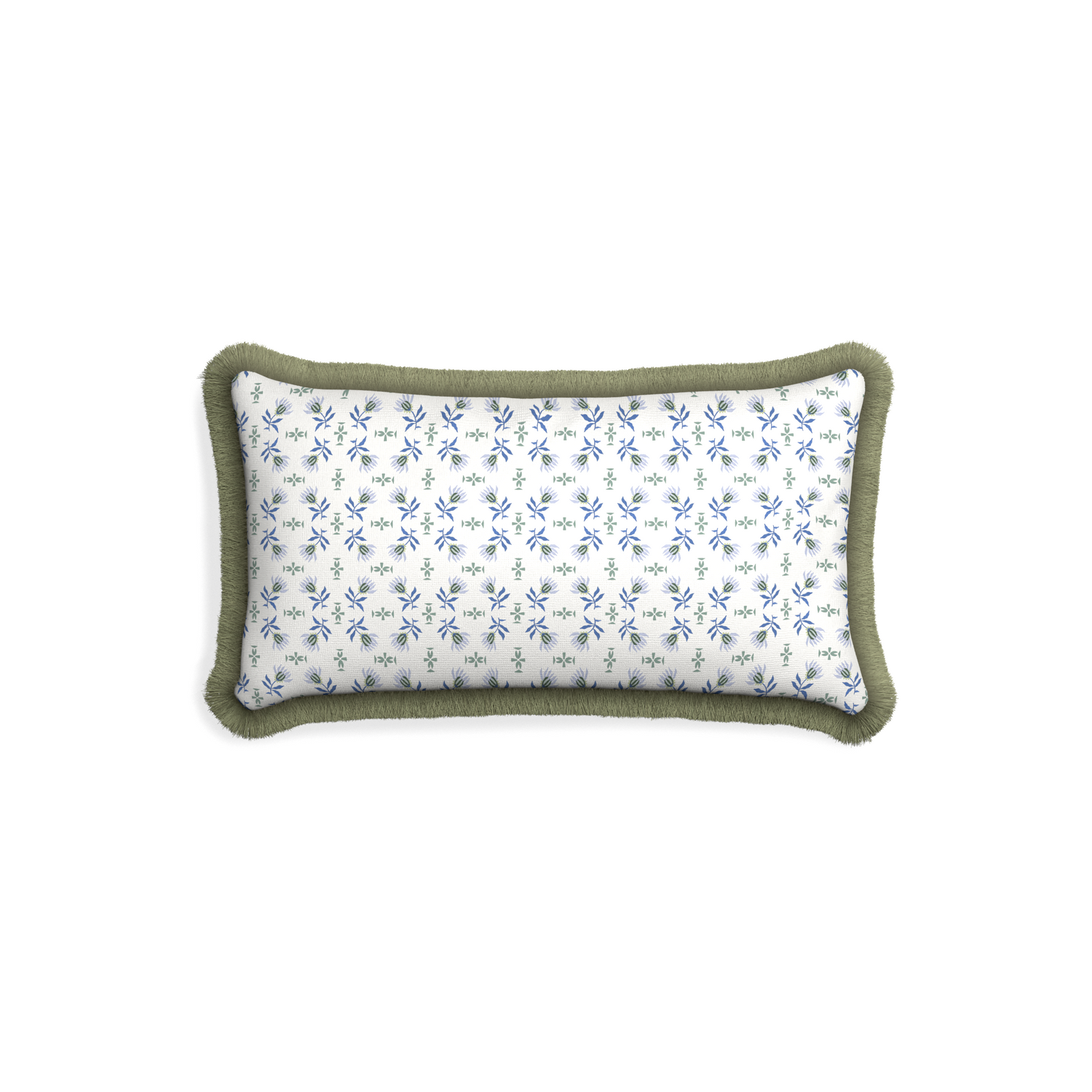 Petite-lumbar lee custom blue & green floralpillow with sage fringe on white background