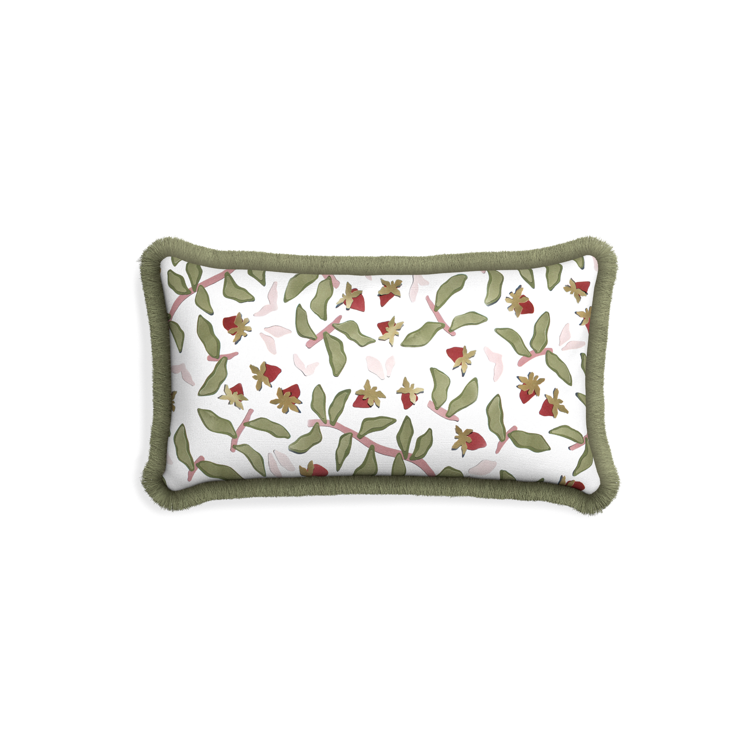 Petite-lumbar nellie custom strawberry & botanicalpillow with sage fringe on white background