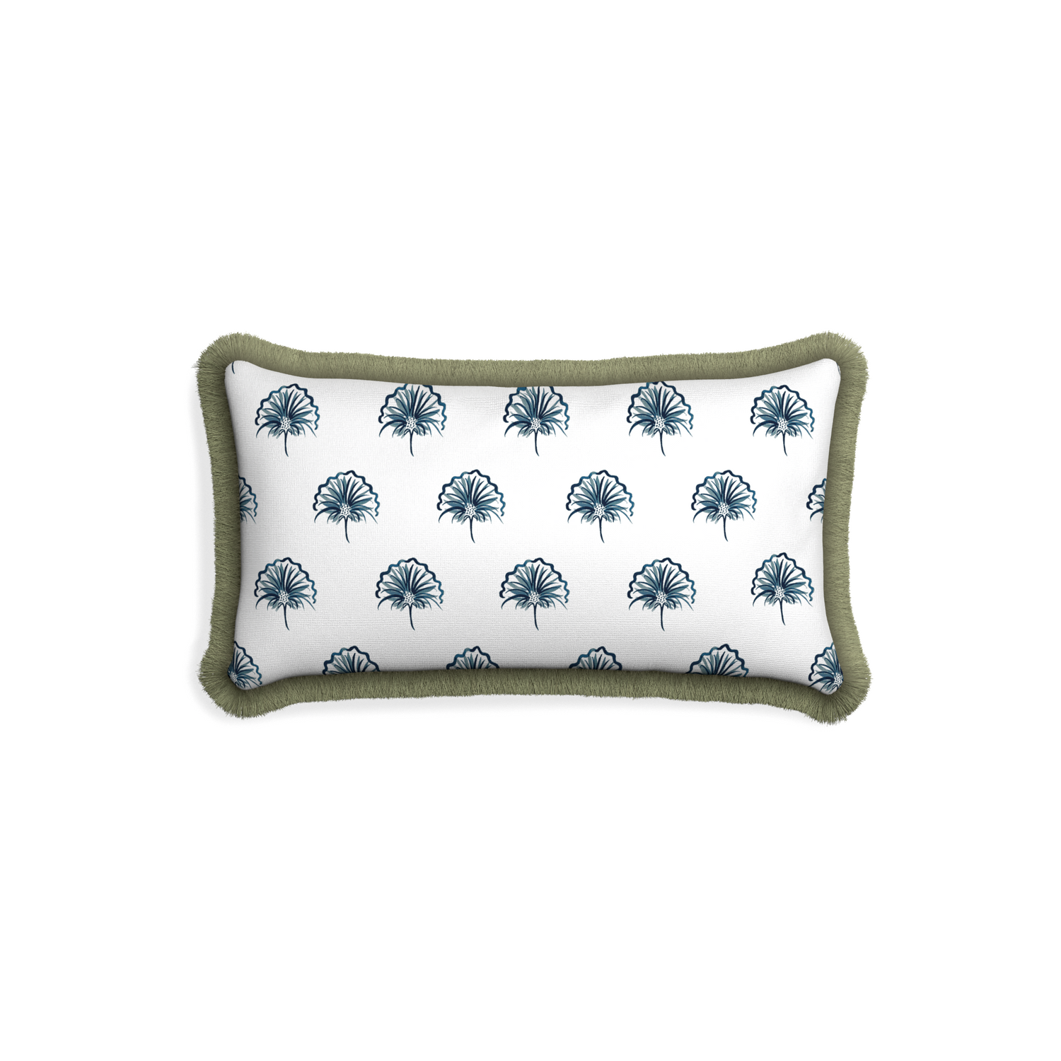 Petite-lumbar penelope midnight custom floral navypillow with sage fringe on white background
