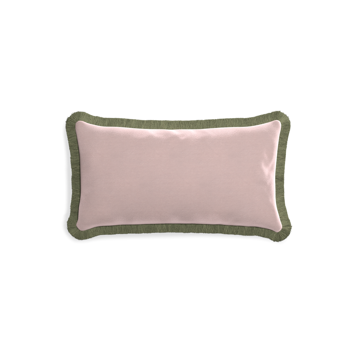 rectangle light pink velvet pillow with sage green fringe
